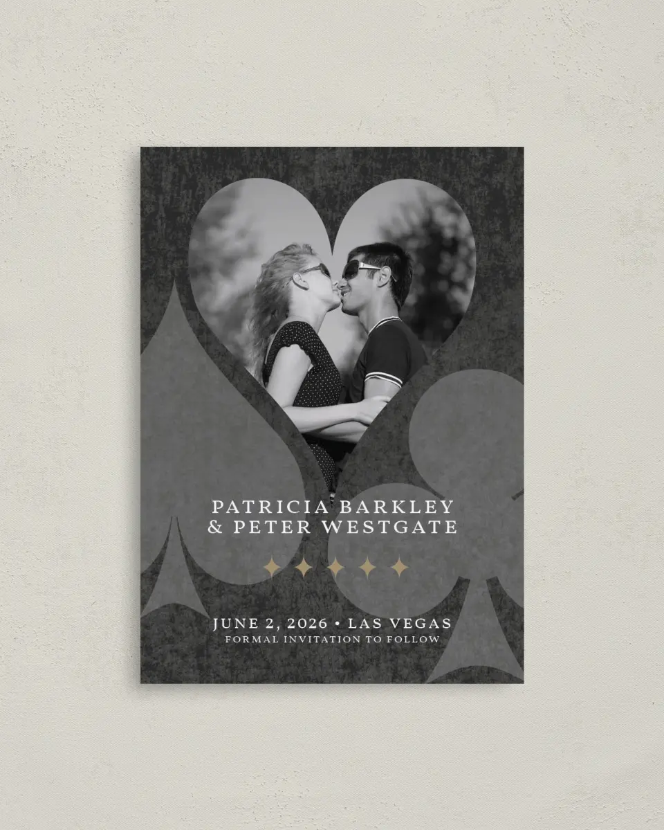 This is a 4" x 5.6" Save the Date Postcard called Vegas Luxe printed in full color on Soft Touch Finish paper
