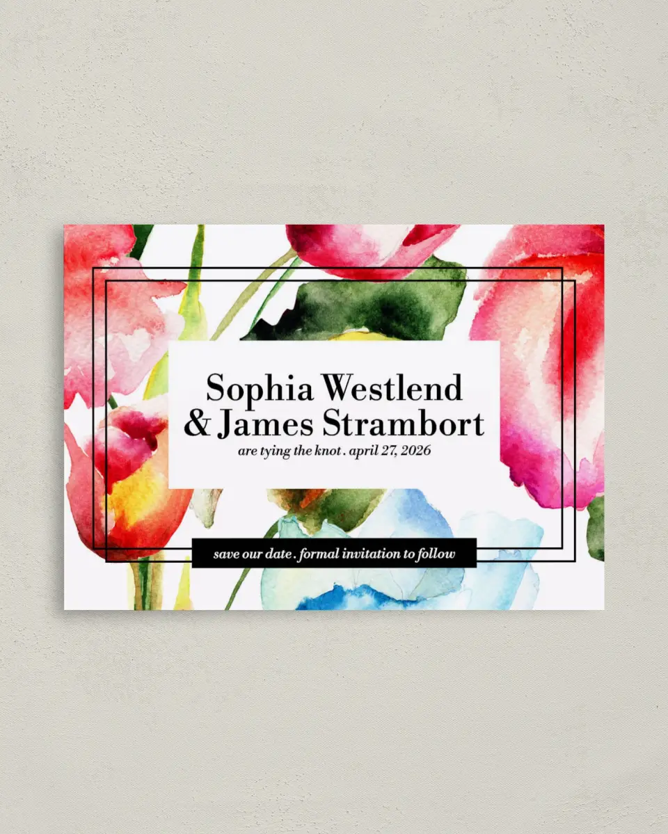 This is a 4" x 5.6" Save the Date Postcard called Floral Watercolor printed in full color on Soft Touch Finish paper