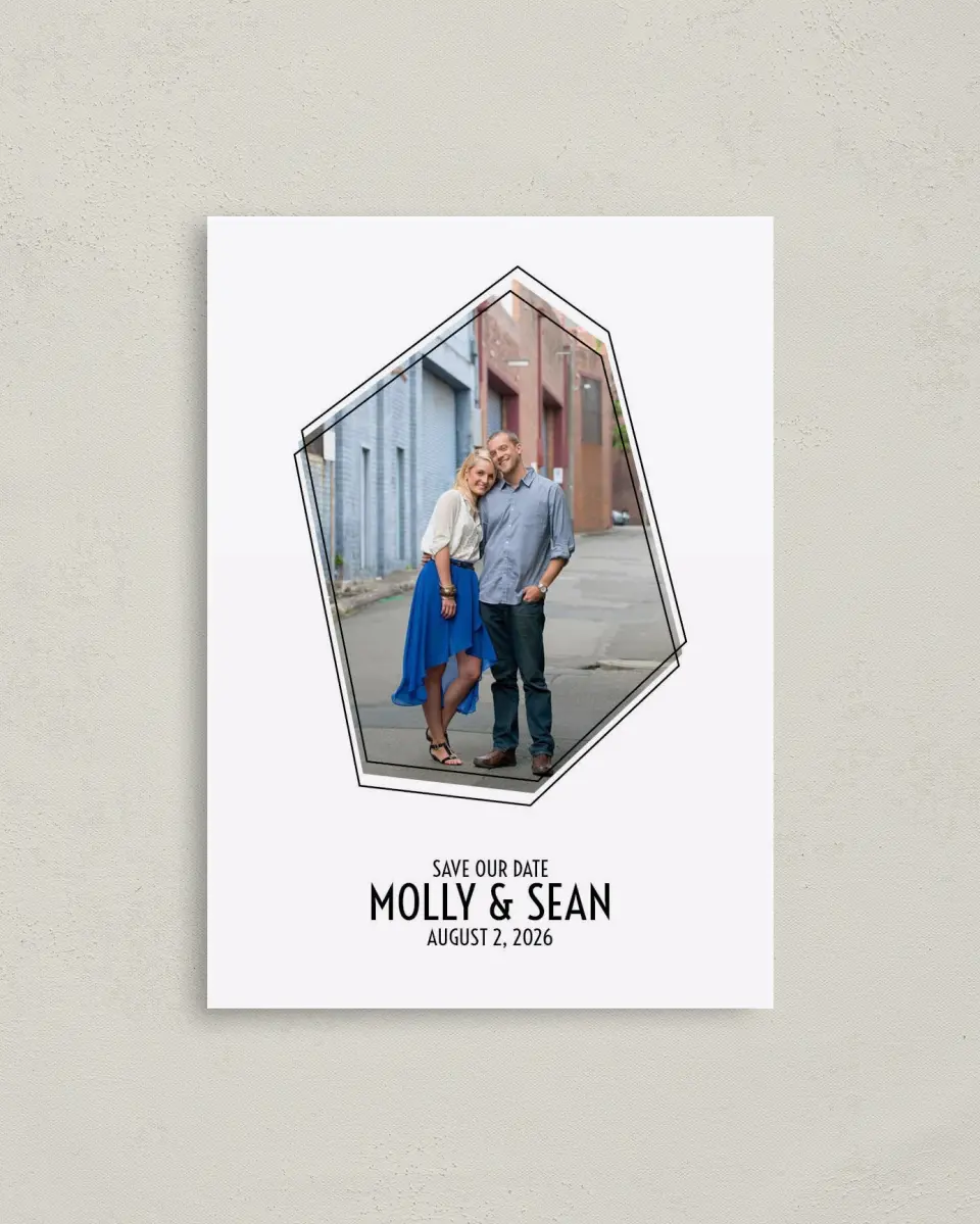 This is a 4" x 5.6" Save the Date Postcard called Modern Geo printed in full color on Soft Touch Finish paper