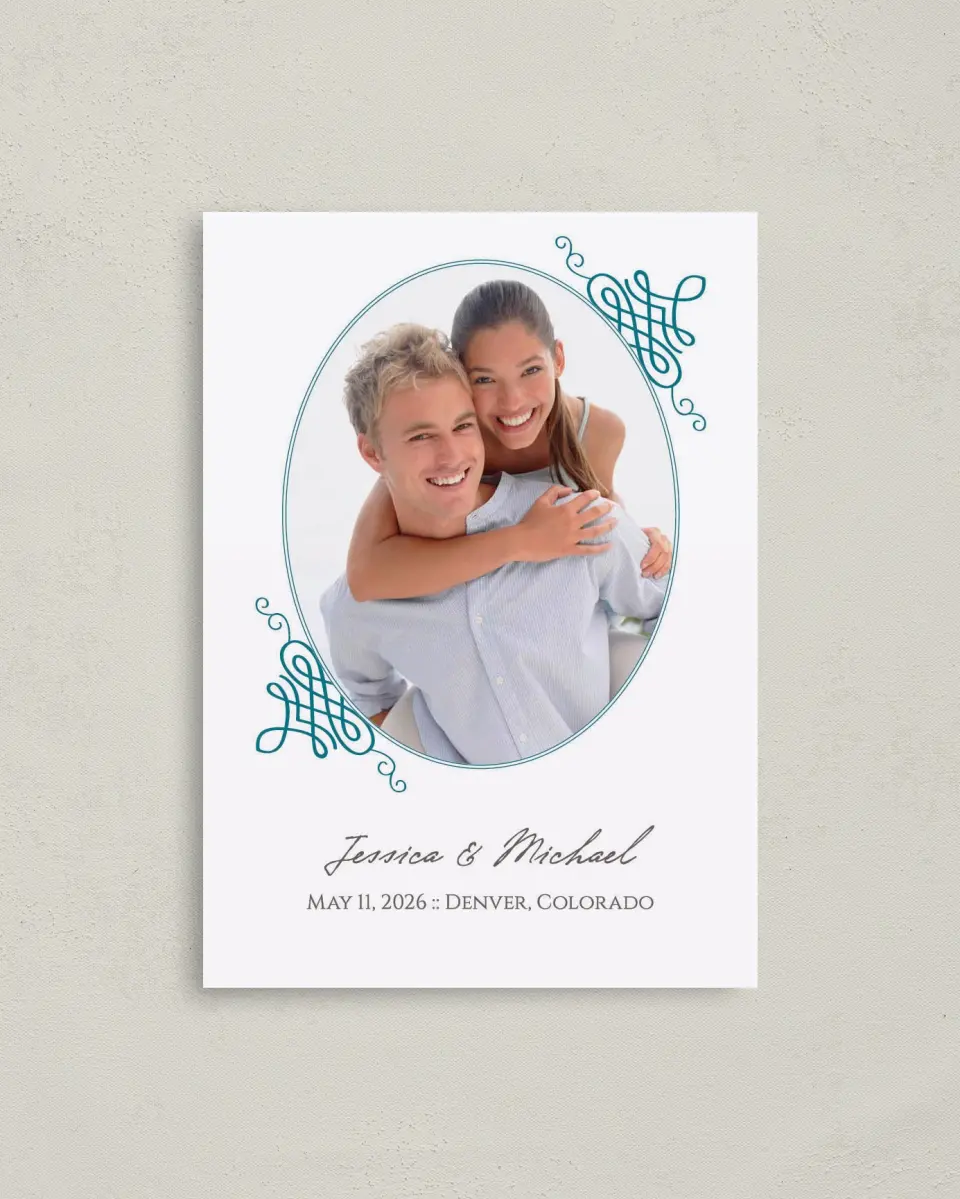 This is a 4" x 5.6" Save the Date Postcard called Simple Luxury printed in full color on Soft Touch Finish paper