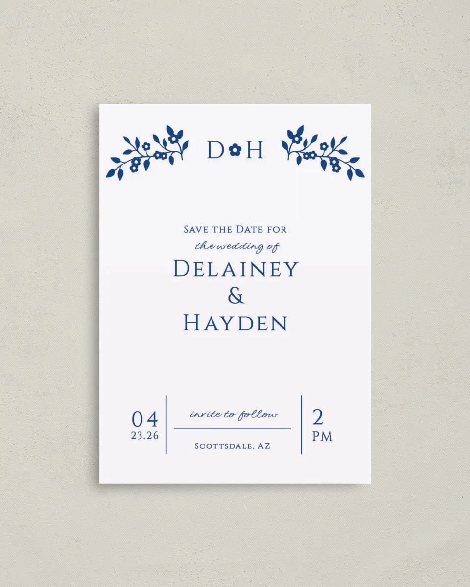 This is a 4" x 5.6" Save the Date Postcard called Secret Garden printed in full color on Soft Touch Finish paper