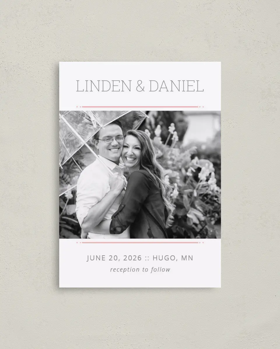 This is a 4" x 5.6" Save the Date Postcard called Sweetly Charmed printed in full color on Soft Touch Finish paper