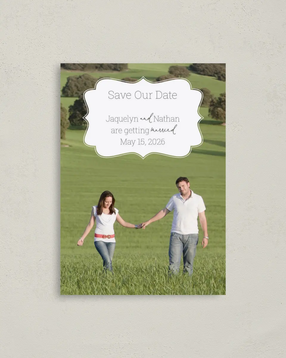 This is a 4" x 5.6" Save the Date Postcard called Promise to Love printed in full color on Soft Touch Finish paper