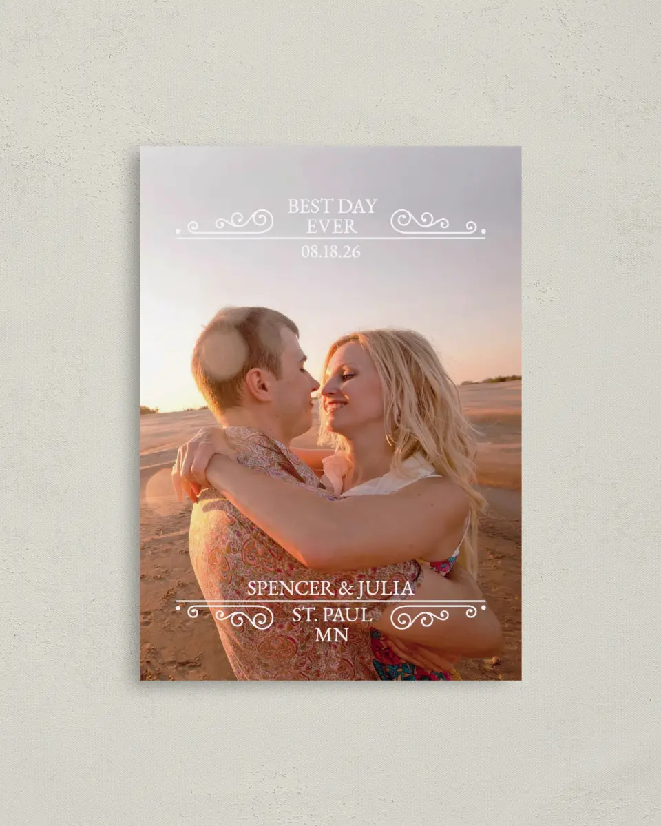 This is a 4" x 5.6" Save the Date Postcard called Best Day Ever printed in full color on Soft Touch Finish paper