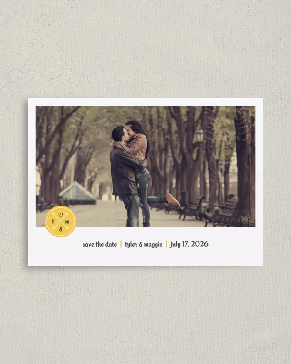 This is a 4" x 5.6" Save the Date Postcard called Love Compass printed in full color on Soft Touch Finish paper