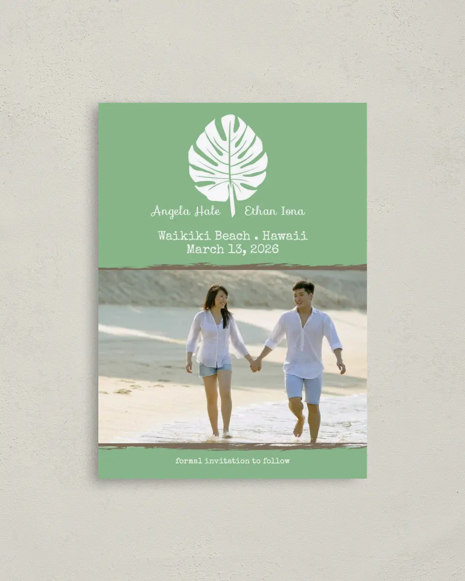 This is a 4" x 5.6" Save the Date Postcard called Palms in Paradise printed in full color on Soft Touch Finish paper