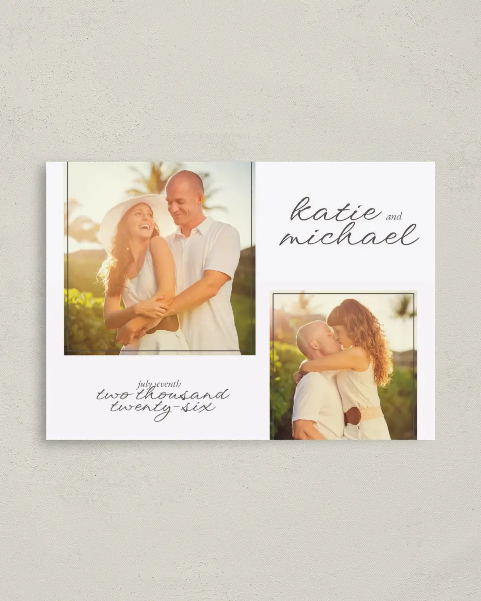 This is a 4" x 5.6" Save the Date Postcard called Vintage Affair printed in full color on Soft Touch Finish paper