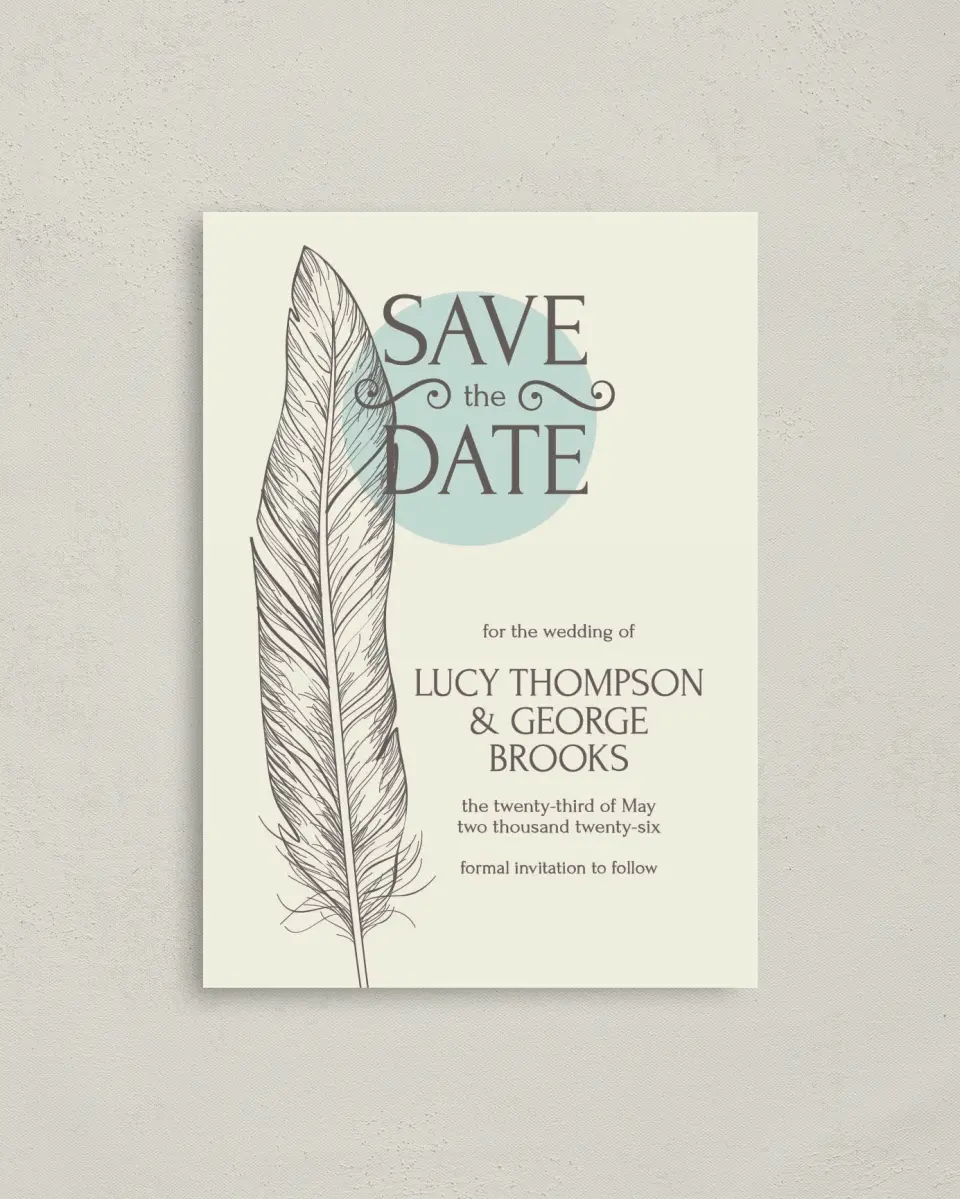 This is a 4" x 5.6" Save the Date Postcard called Fetching Feather printed in full color on Soft Touch Finish paper