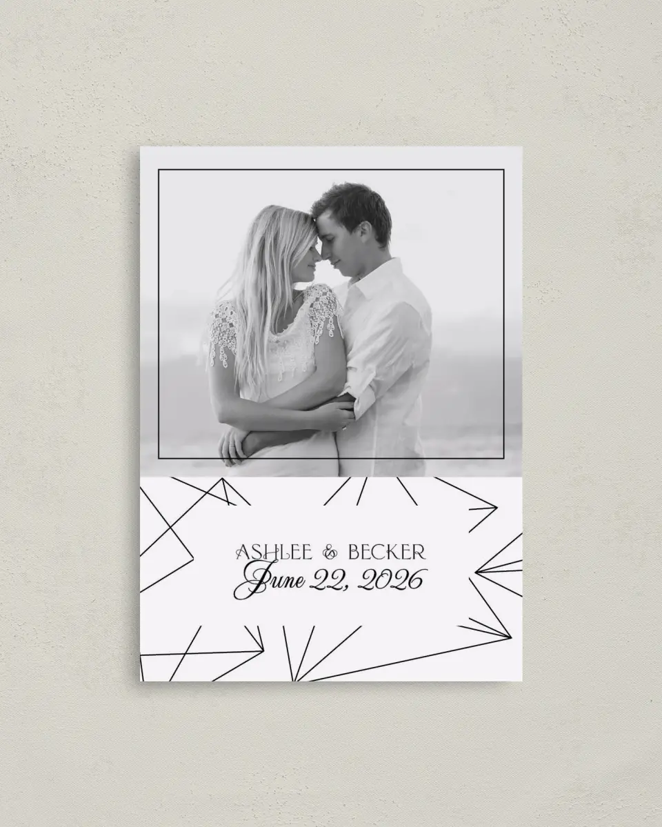 This is a 4" x 5.6" Save the Date Postcard called Upscale Vegas printed in full color on Soft Touch Finish paper