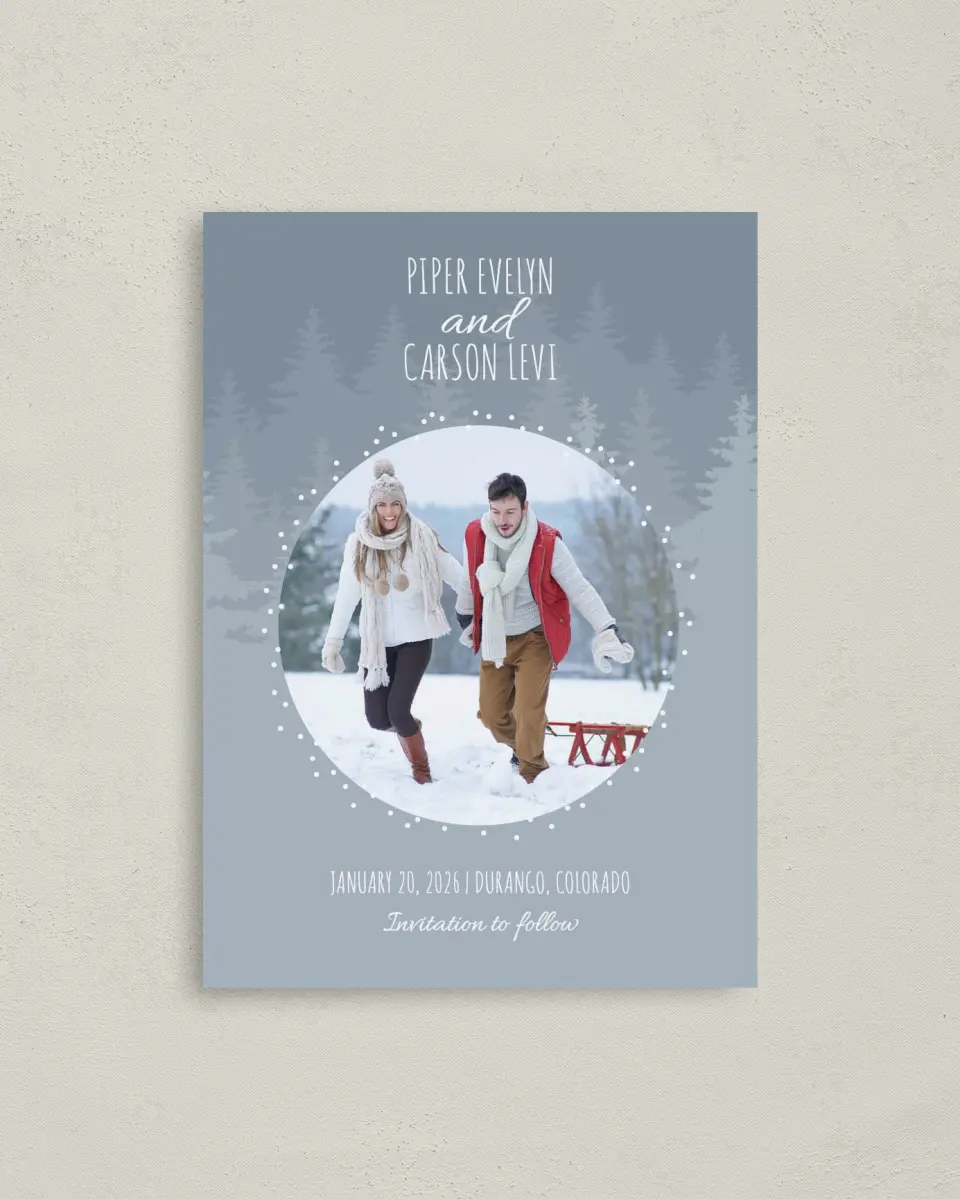 This is a 4" x 5.6" Save the Date Postcard called Woodland Wishes printed in full color on Soft Touch Finish paper