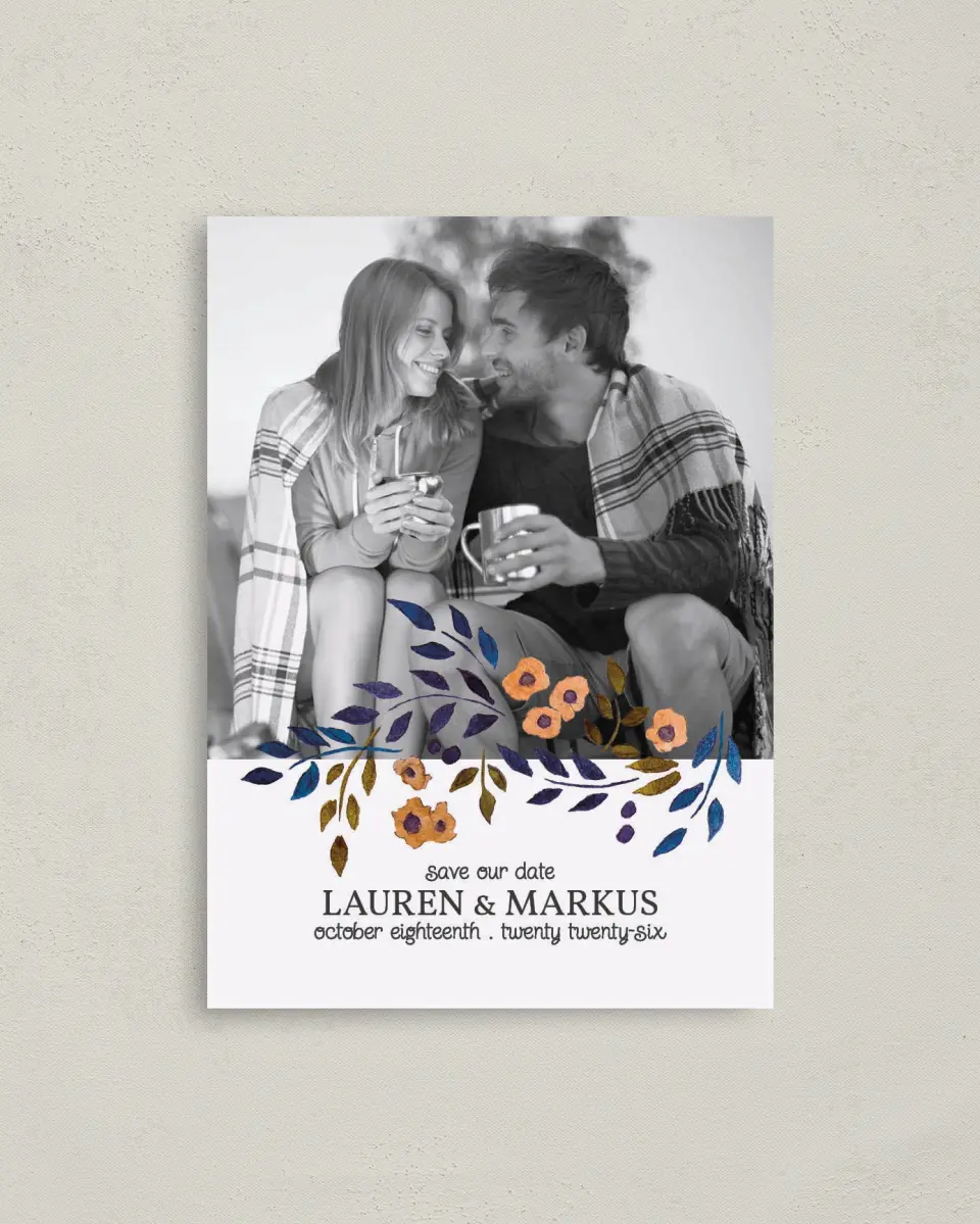 This is a 4" x 5.6" Save the Date Postcard called Perfectly Plaid printed in full color on Soft Touch Finish paper