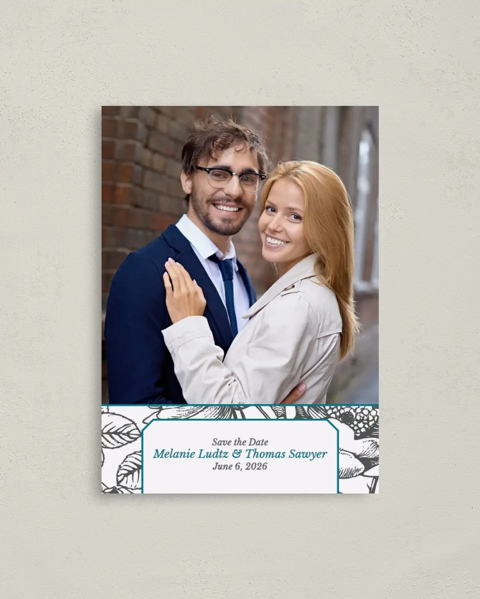 This is a 4" x 5.6" Save the Date Postcard called Vintage Botanicals printed in full color on Soft Touch Finish paper