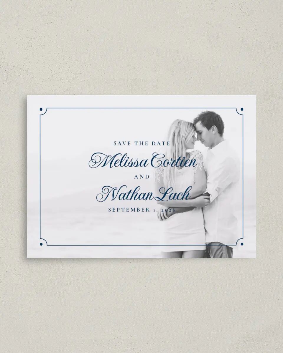 This is a 4" x 5.6" Save the Date Postcard called Grand Soiree printed in full color on Soft Touch Finish paper