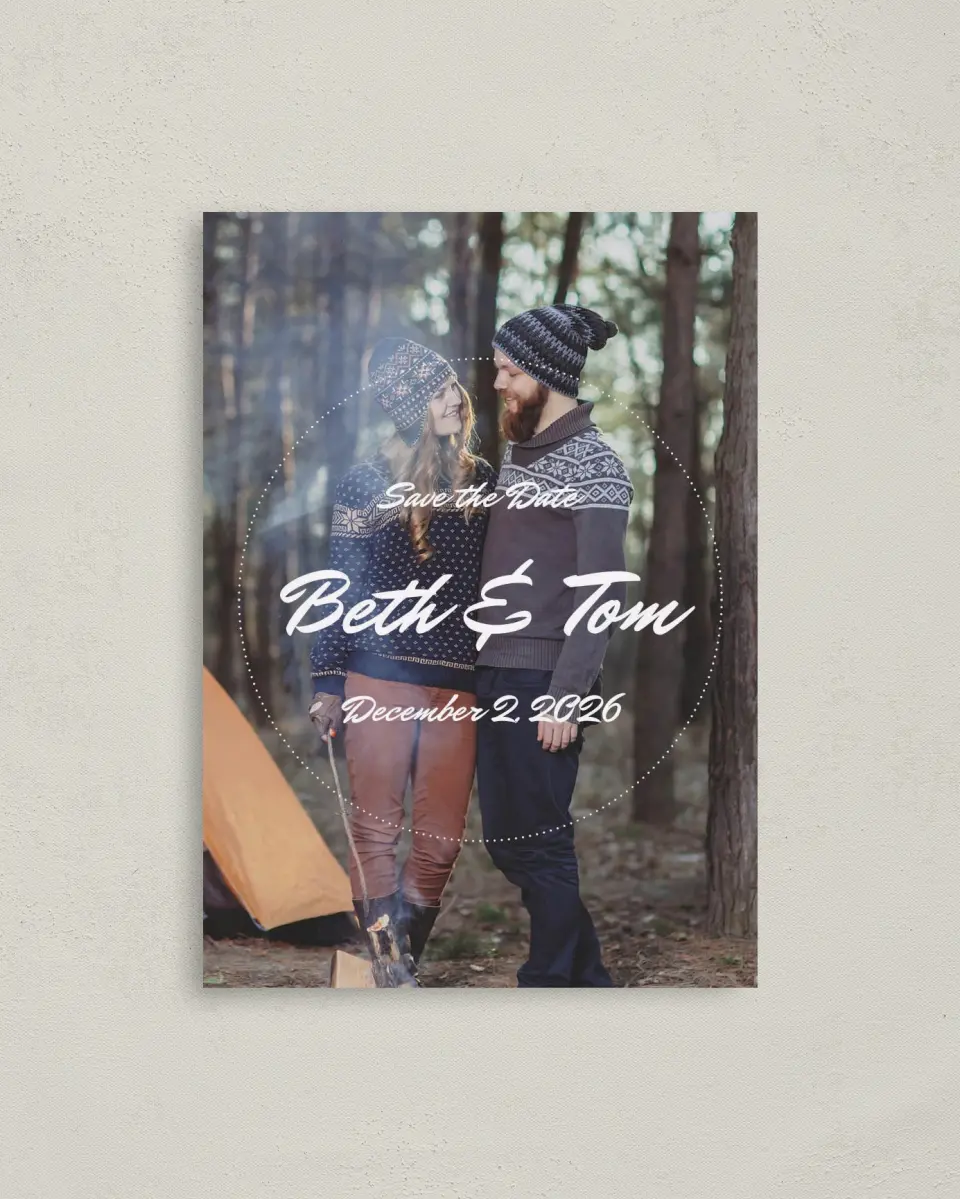 This is a 4" x 5.6" Save the Date Postcard called Splendid Pines printed in full color on Soft Touch Finish paper