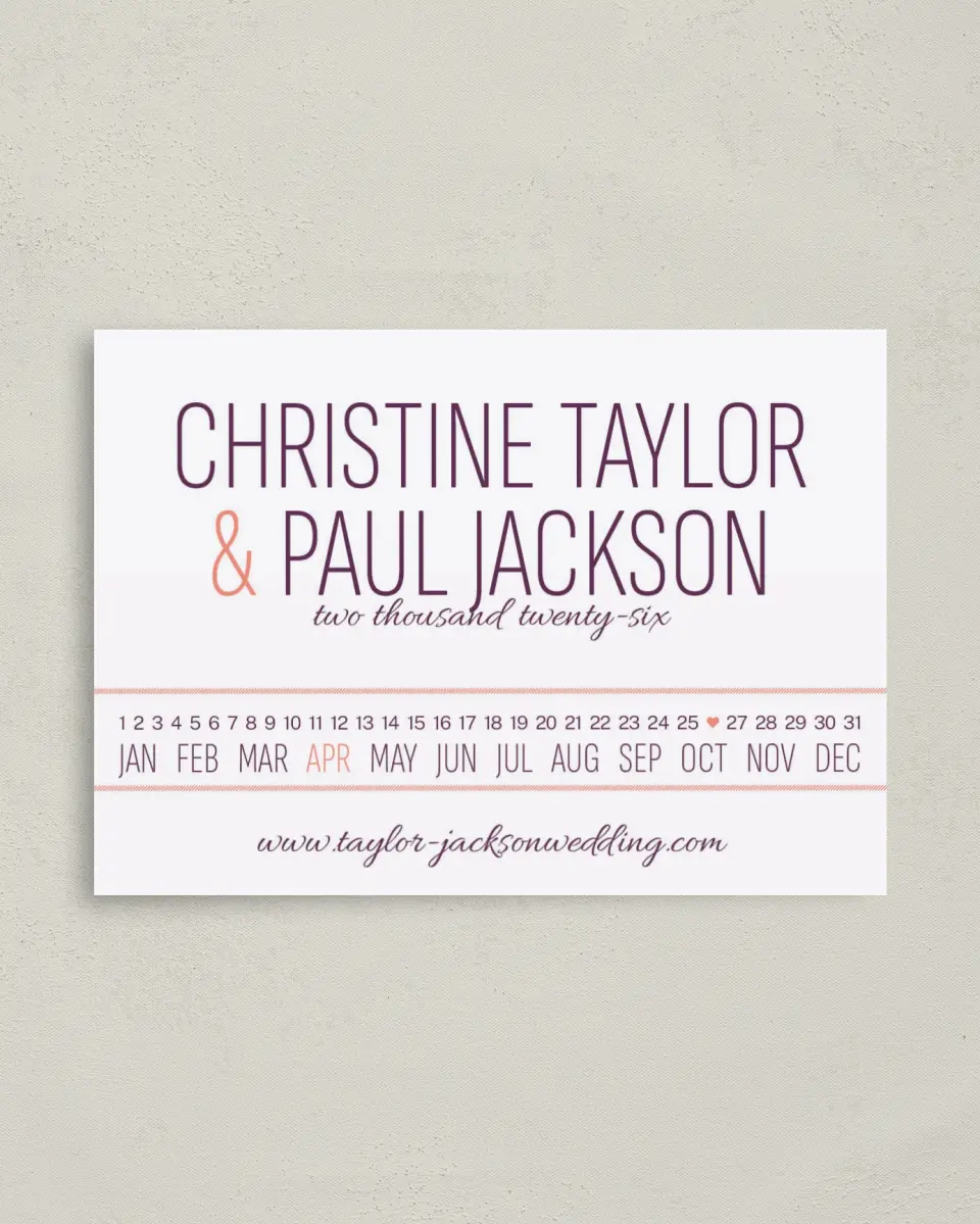 This is a 4" x 5.6" Save the Date Postcard called Stacked Charm printed in full color on Soft Touch Finish paper