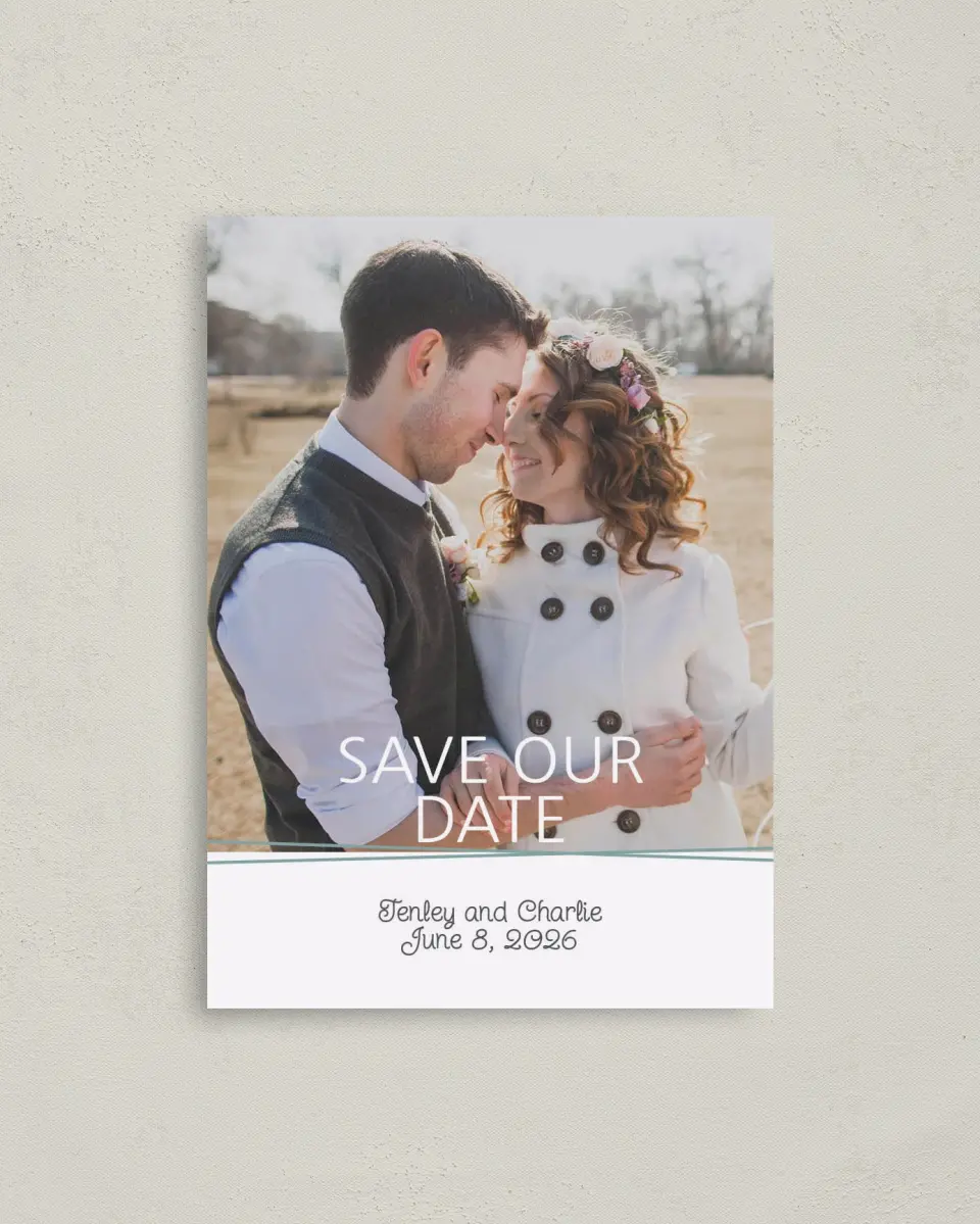 This is a 4" x 5.6" Save the Date Postcard called Forever Mine printed in full color on Soft Touch Finish paper