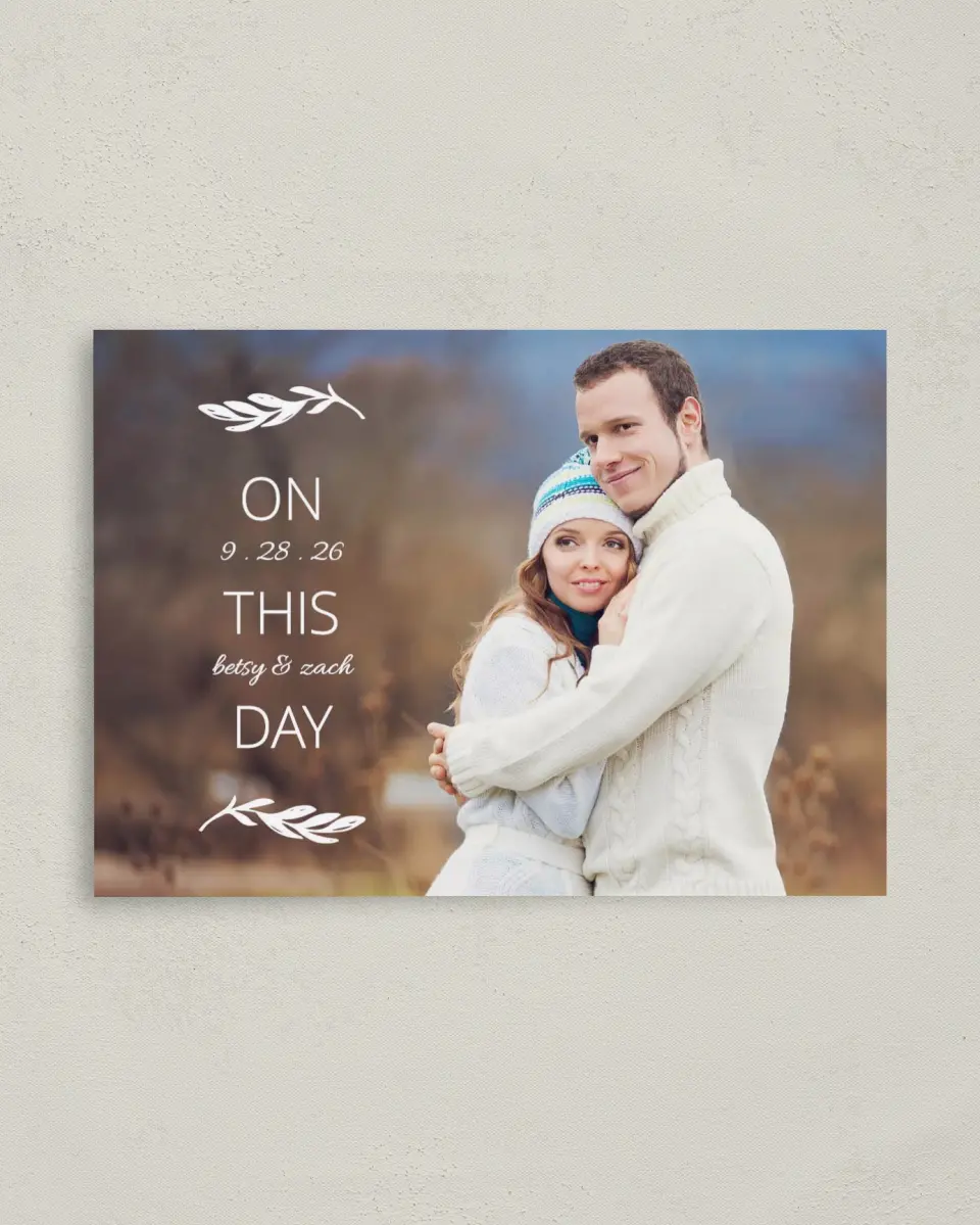 This is a 4" x 5.6" Save the Date Postcard called This Joyful Day printed in full color on Soft Touch Finish paper