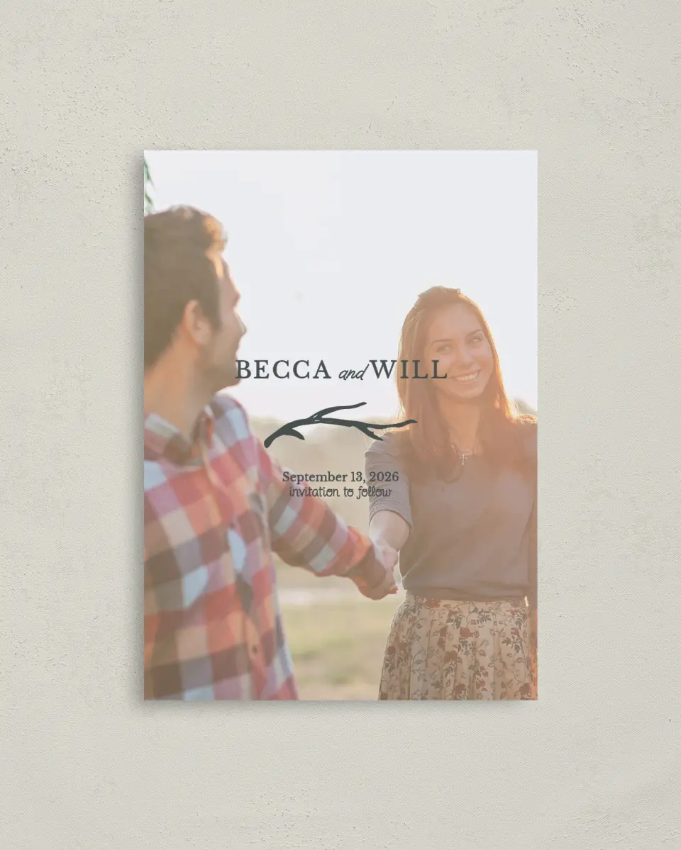 This is a 4" x 5.6" Save the Date Postcard called Rustic Boughs printed in full color on Soft Touch Finish paper