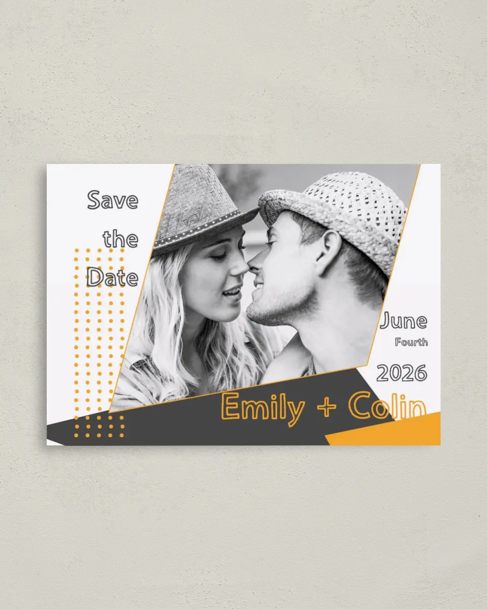 This is a 4" x 5.6" Save the Date Postcard called So Sharp! printed in full color on Soft Touch Finish paper