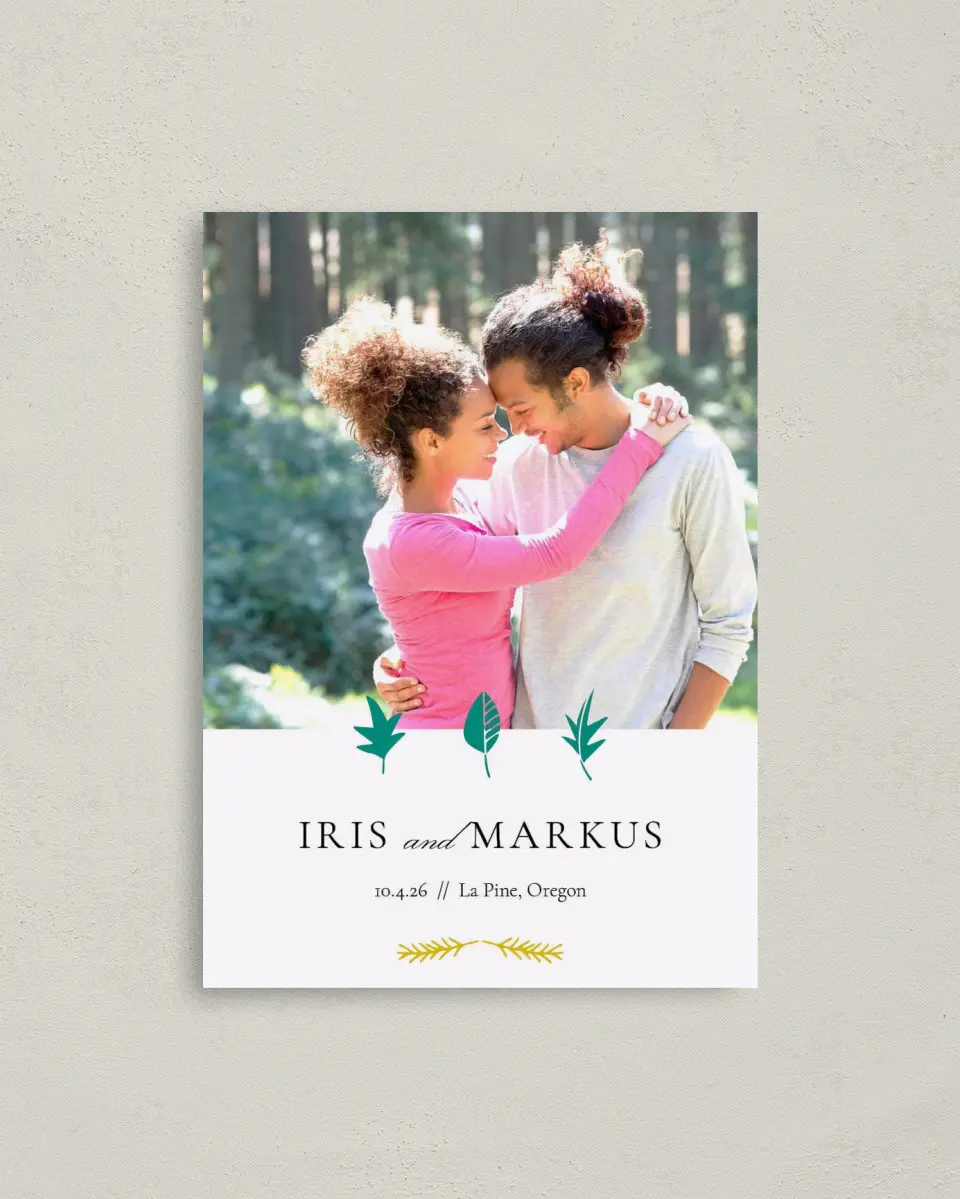 This is a 4" x 5.6" Save the Date Postcard called Sweet Leaves printed in full color with Gold foil on Soft Touch Finish paper