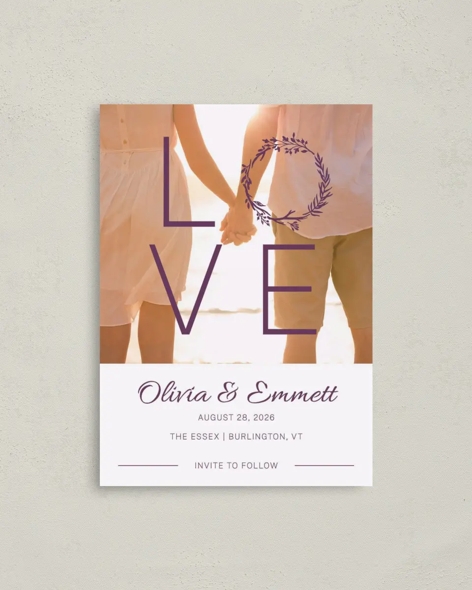 This is a 4" x 5.6" Save the Date Postcard called Charming Love Story printed in full color on Soft Touch Finish paper