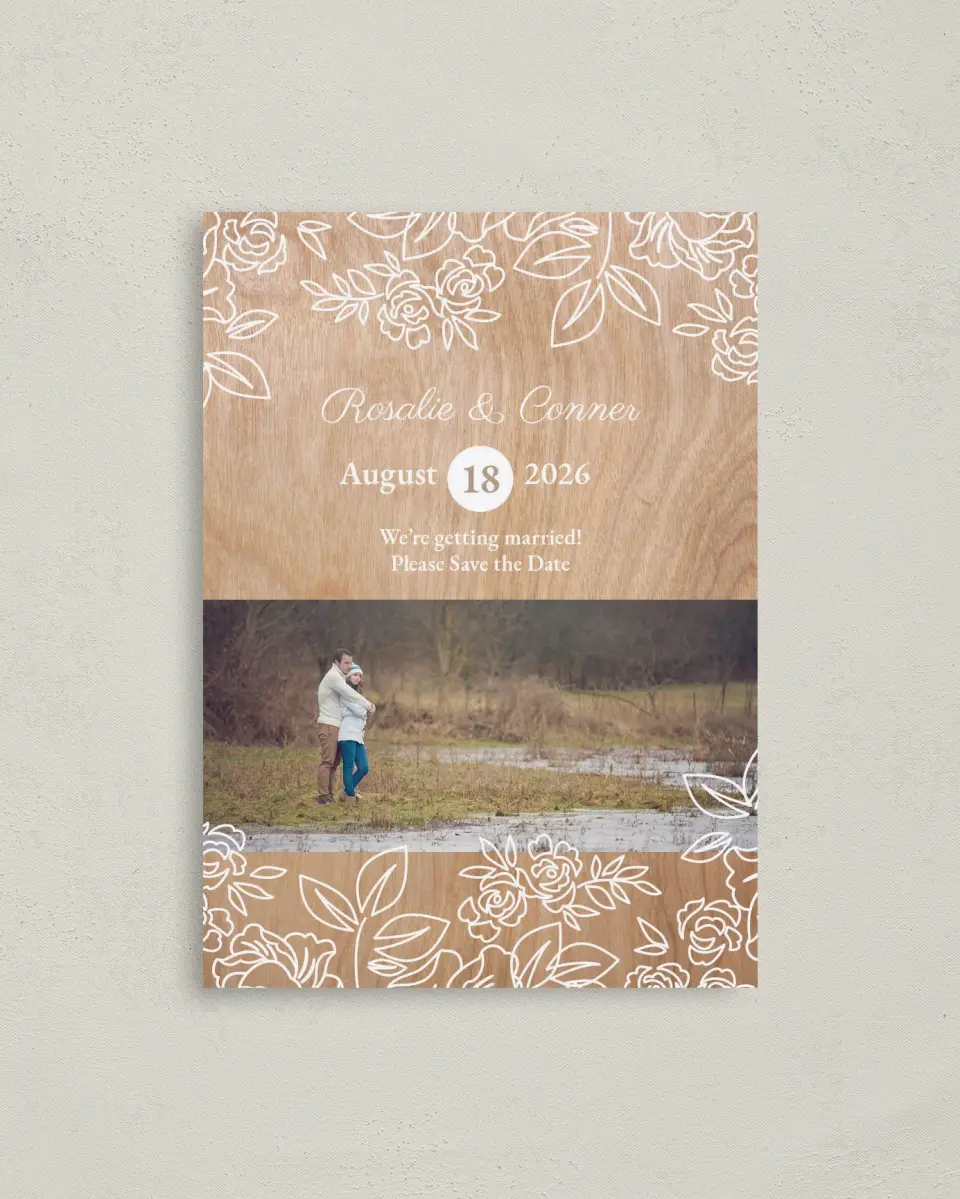 This is a 4" x 5.6" Save the Date Postcard called Rustic Woodgrain printed in full color on Soft Touch Finish paper