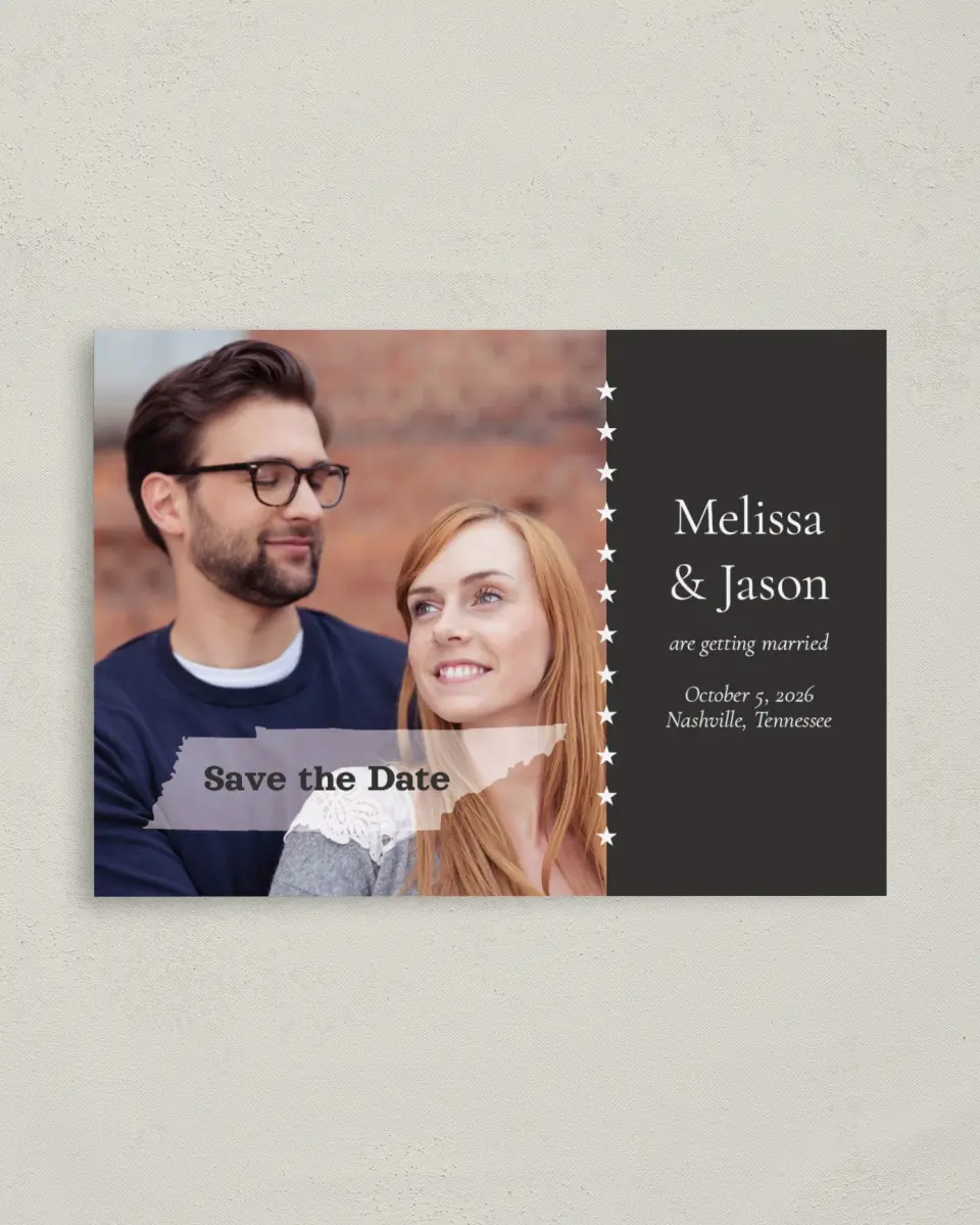 This is a 4" x 5.6" Save the Date Postcard called Nashville Tennessee State Outline printed in full color on Soft Touch Finish paper