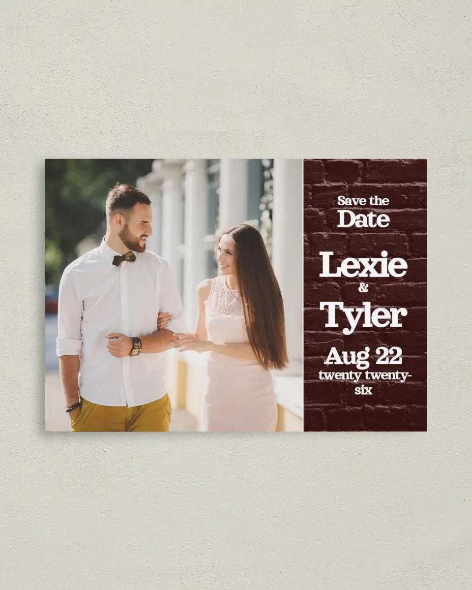 This is a 4" x 5.6" Save the Date Postcard called Brick Yard printed in full color on Soft Touch Finish paper