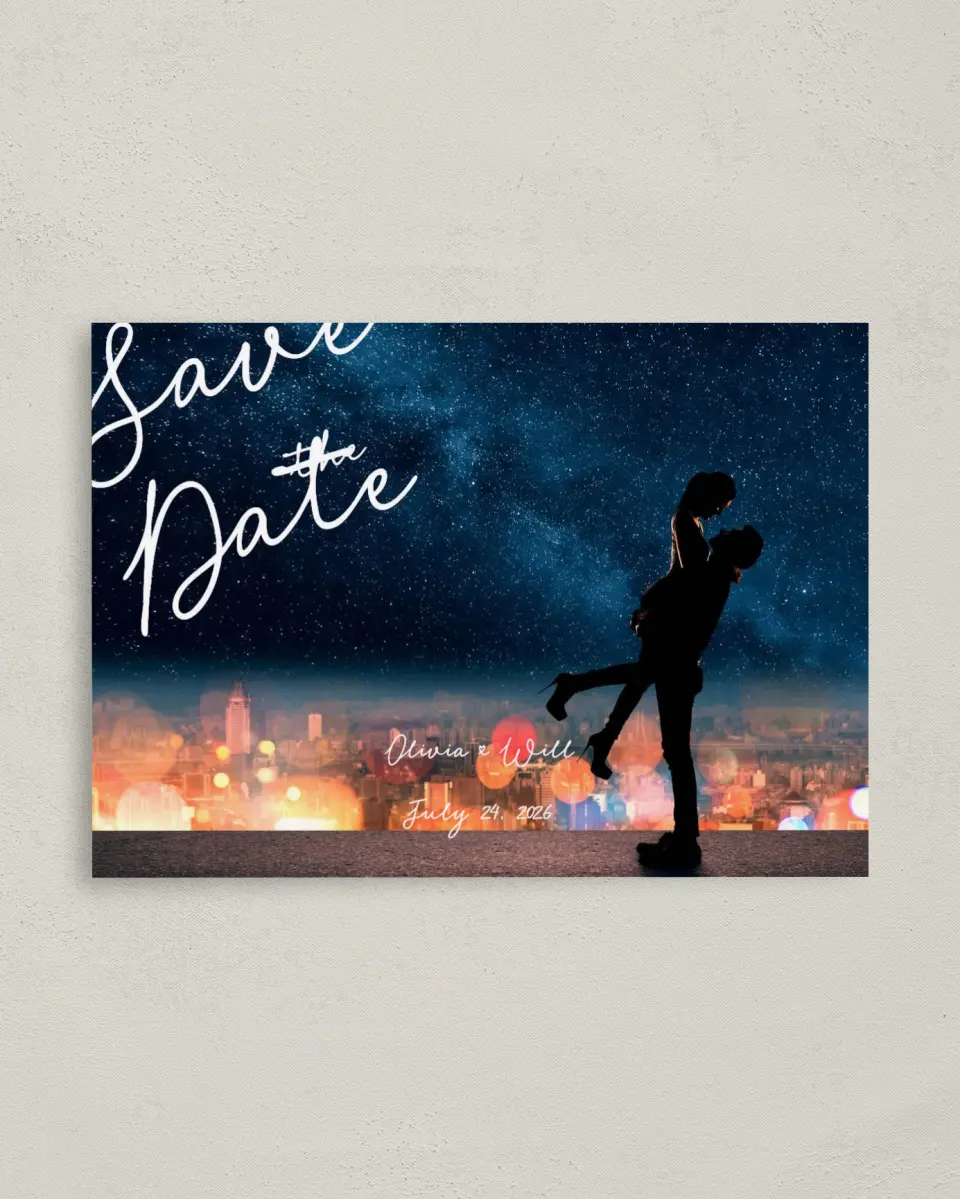 This is a 4" x 5.6" Save the Date Postcard called Enchanted Day printed in full color on Soft Touch Finish paper