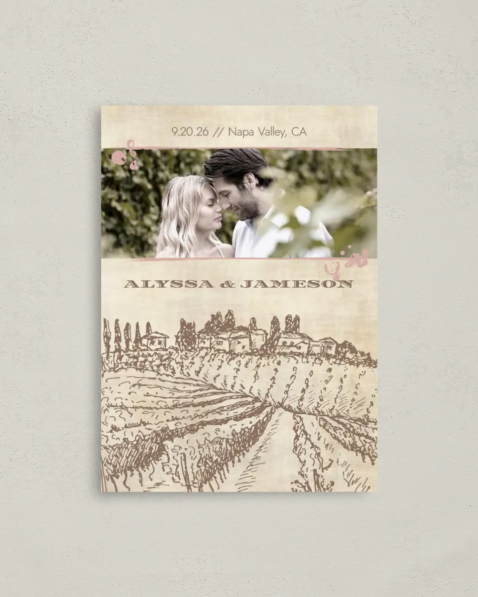 This is a 4" x 5.6" Save the Date Postcard called Vineyard Romance printed in full color on Soft Touch Finish paper