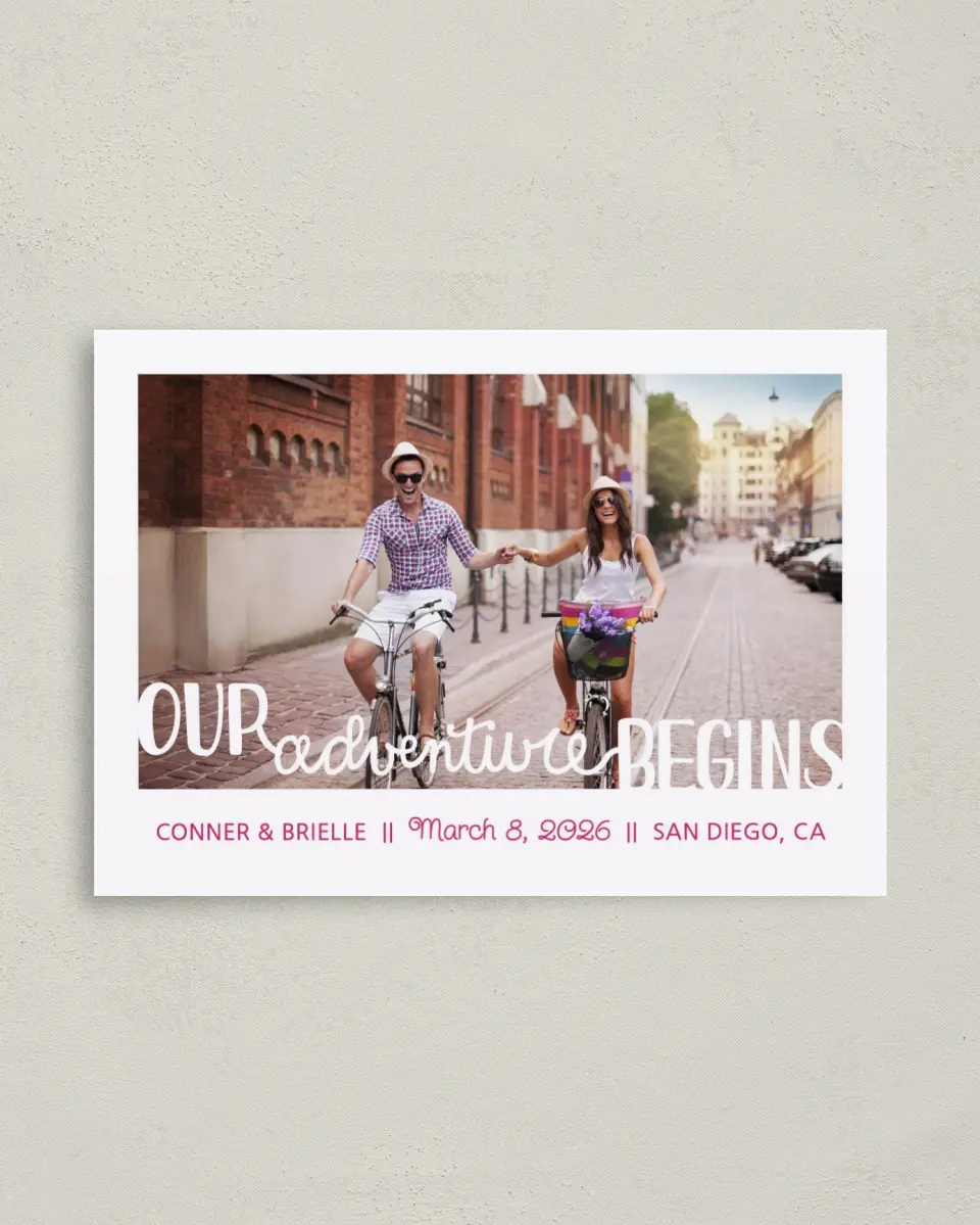 This is a 4" x 5.6" Save the Date Postcard called Our Adventure Begins printed in full color on Soft Touch Finish paper
