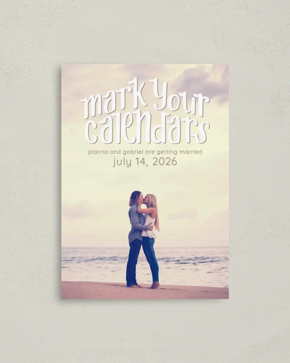 This is a 4" x 5.6" Save the Date Postcard called Mark Your Calendar printed in full color on Soft Touch Finish paper