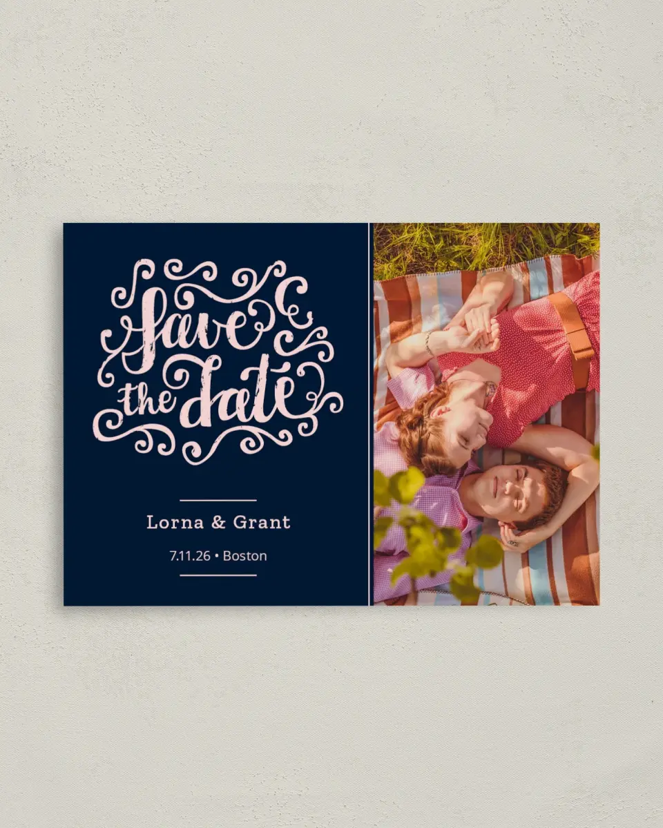 This is a 4" x 5.6" Save the Date Postcard called Love Letters printed in full color with Rose Gold foil on Soft Touch Finish paper