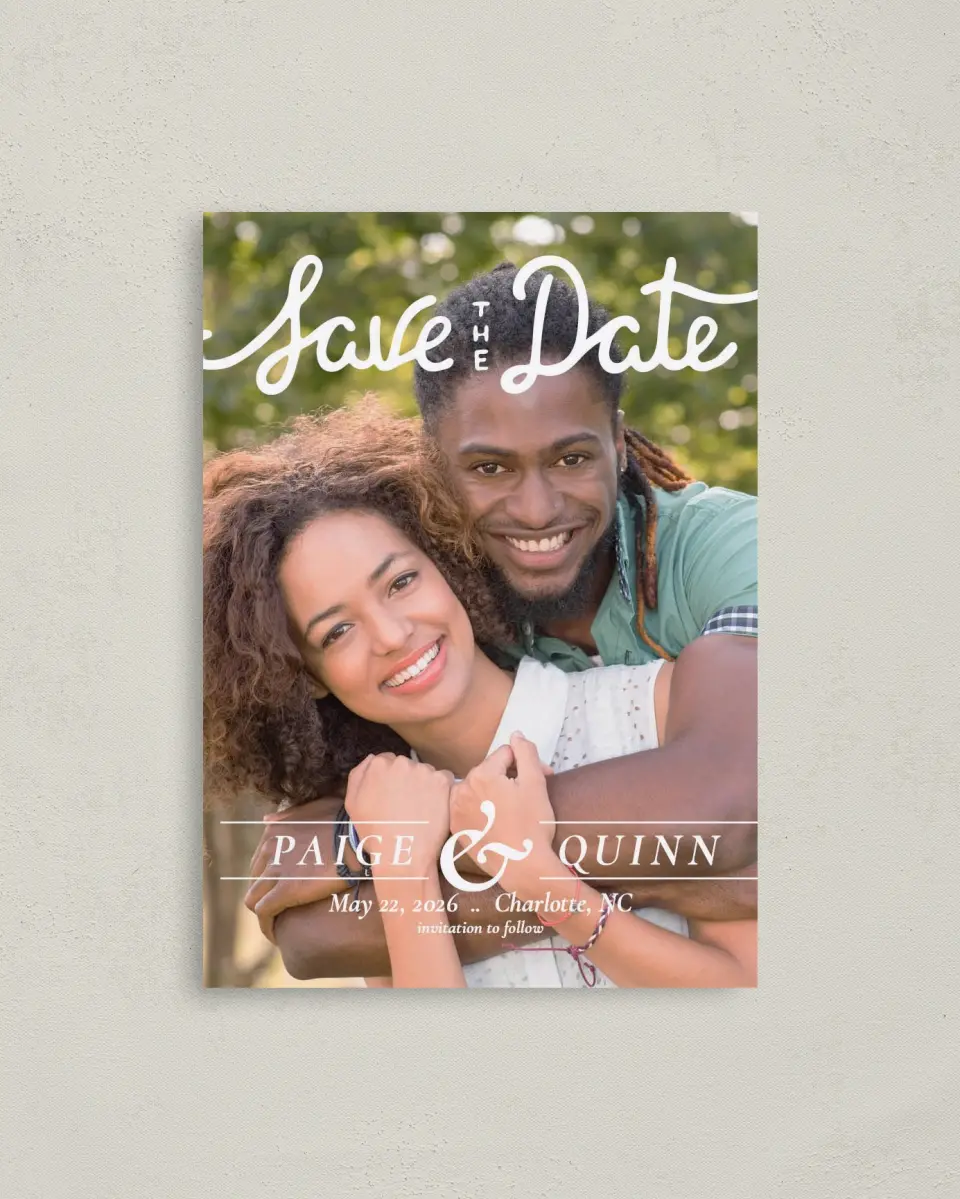 This is a 4" x 5.6" Save the Date Postcard called Faithful Affection printed in full color on Soft Touch Finish paper