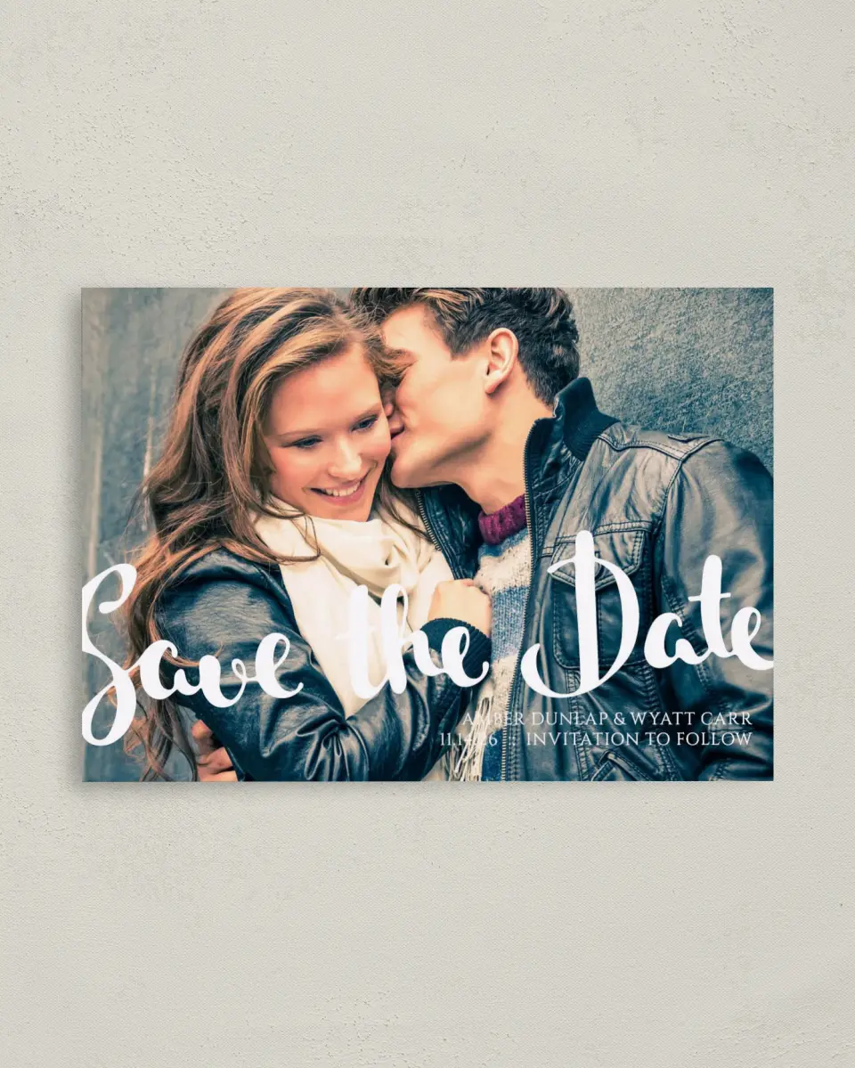 This is a 4" x 5.6" Save the Date Postcard called True Devotion printed in full color on Soft Touch Finish paper