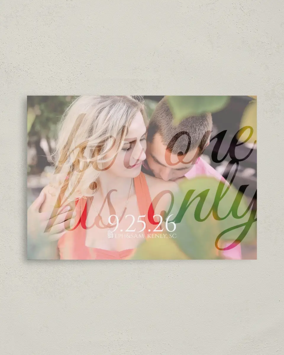 This is a 4" x 5.6" Save the Date Postcard called Her One His Only printed in full color on Soft Touch Finish paper