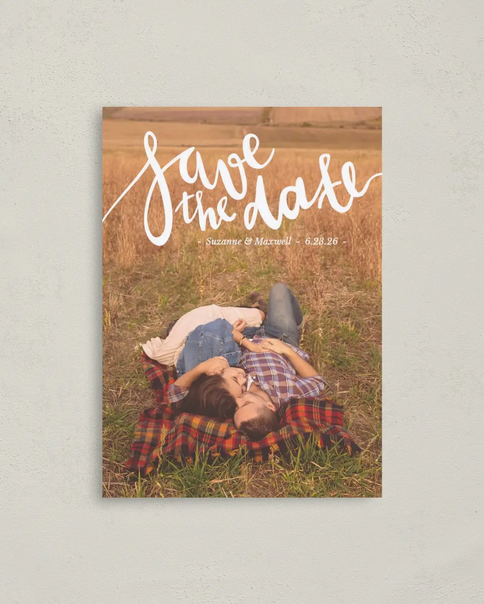 This is a 4" x 5.6" Save the Date Postcard called Everlasting Ending printed in full color on Soft Touch Finish paper