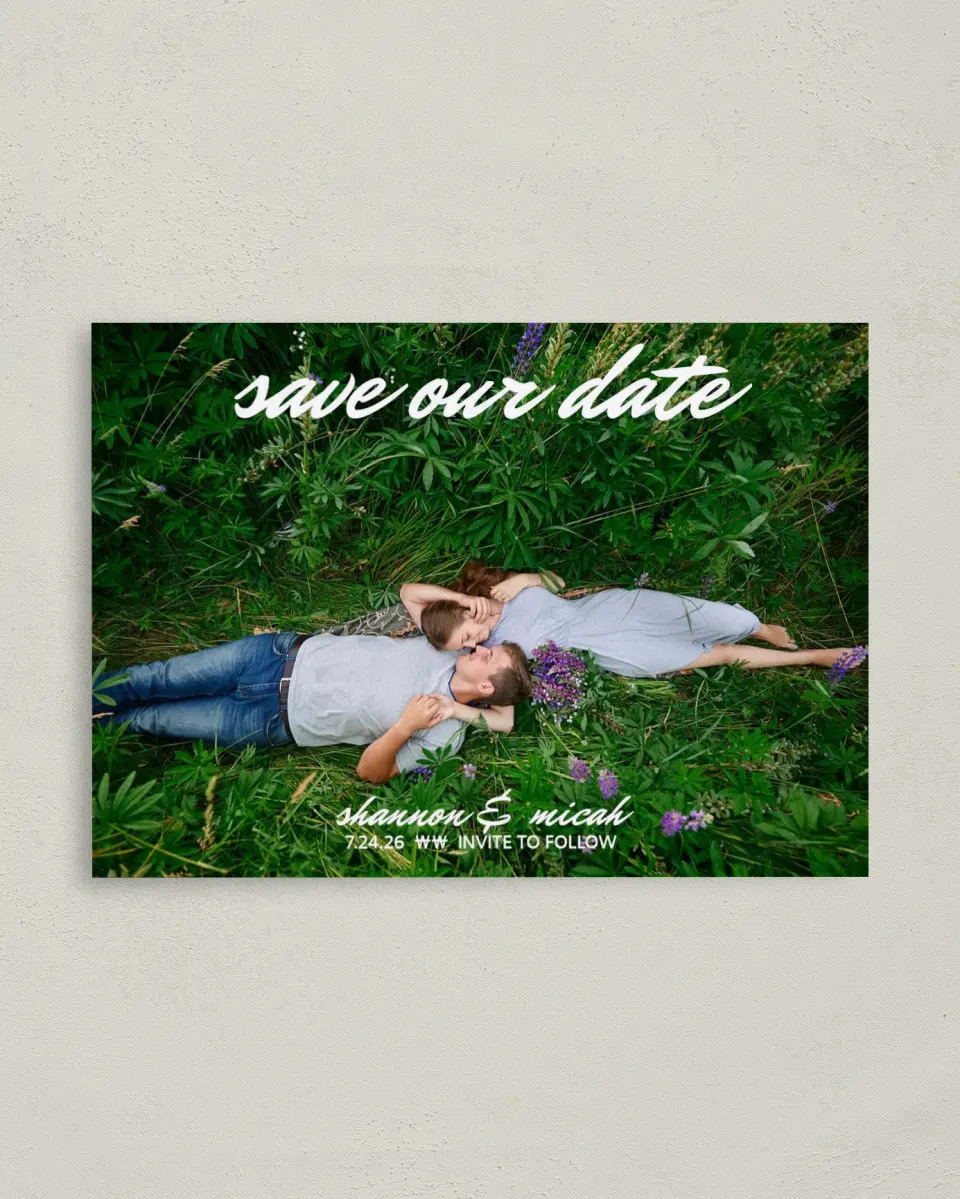 This is a 4" x 5.6" Save the Date Postcard called Brushed Devotion printed in full color on Soft Touch Finish paper