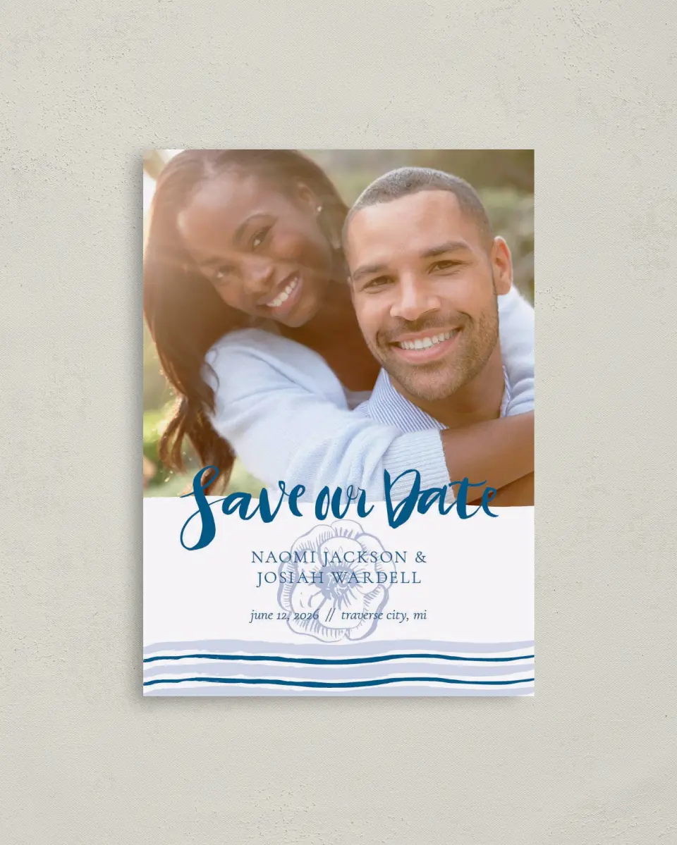 This is a 4" x 5.6" Save the Date Postcard called Everlasting Bloom printed in full color on Soft Touch Finish paper