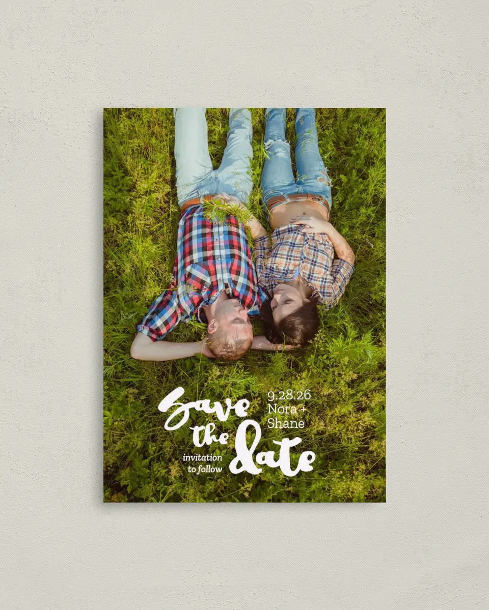 This is a 4" x 5.6" Save the Date Postcard called Blissfully Hitched printed in full color on Soft Touch Finish paper