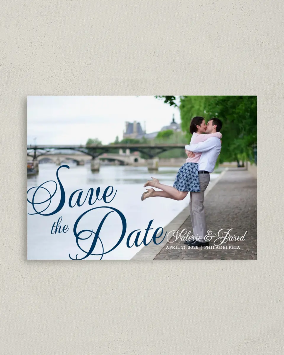 This is a 4" x 5.6" Save the Date Postcard called Fairytale Script printed in full color on Soft Touch Finish paper
