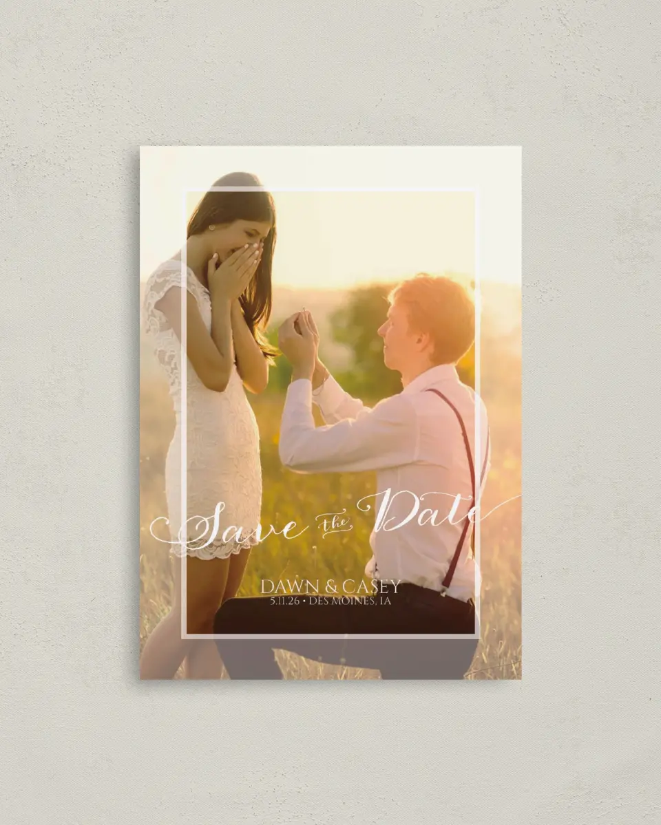This is a 4" x 5.6" Save the Date Postcard called Heartfelt Frame printed in full color on Soft Touch Finish paper