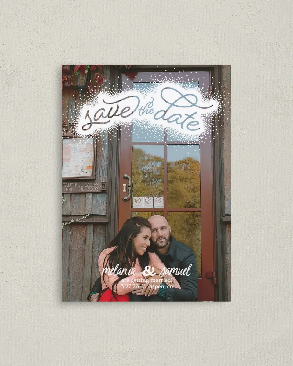 This is a 4" x 5.6" Save the Date Postcard called Sprinkled Bliss printed in full color on Soft Touch Finish paper