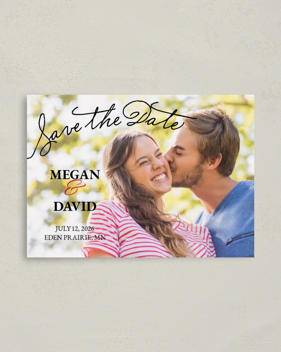 This is a 4" x 5.6" Save the Date Postcard called Stylish Script printed in full color on Soft Touch Finish paper