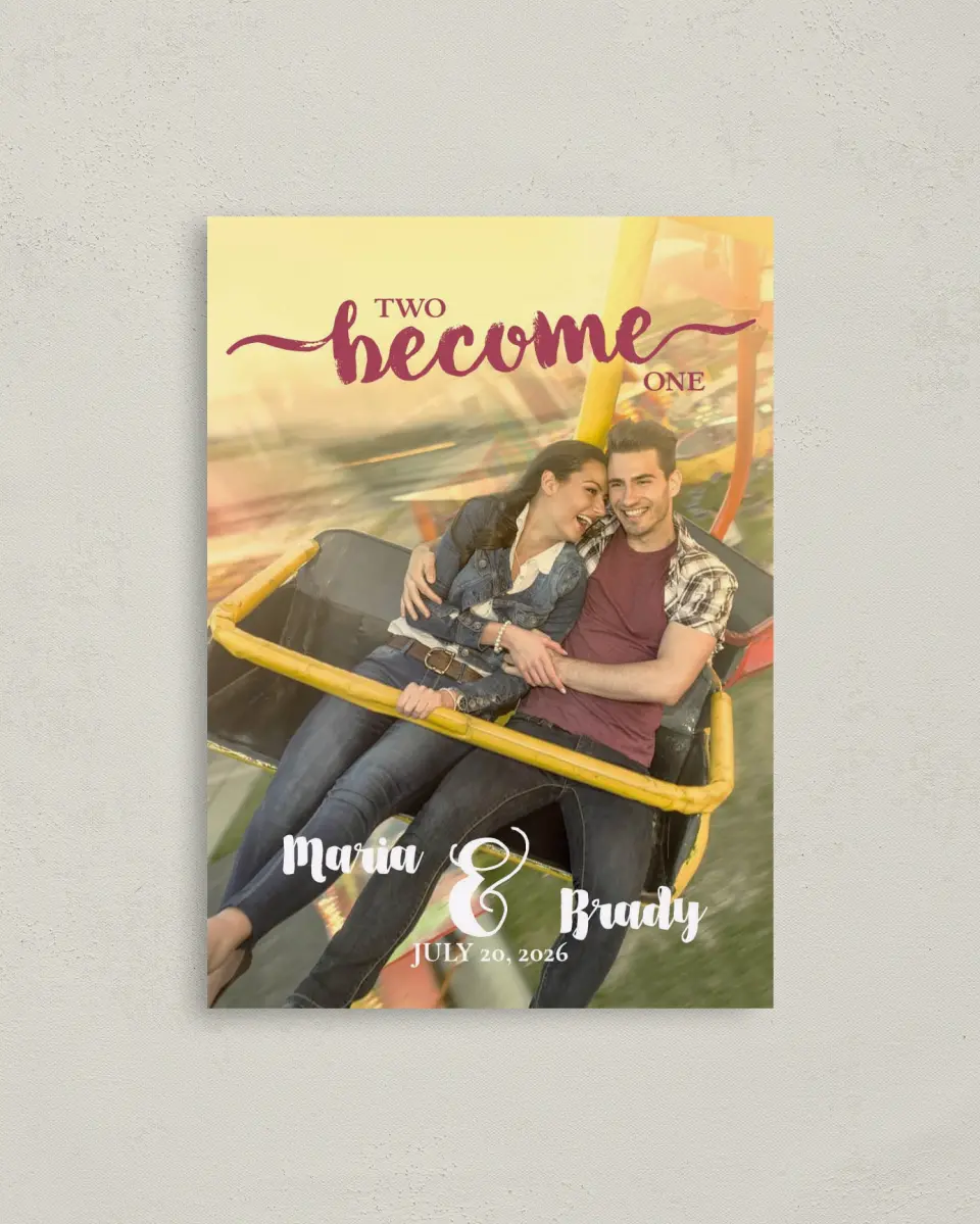 This is a 4" x 5.6" Save the Date Postcard called Two Become One printed in full color on Soft Touch Finish paper