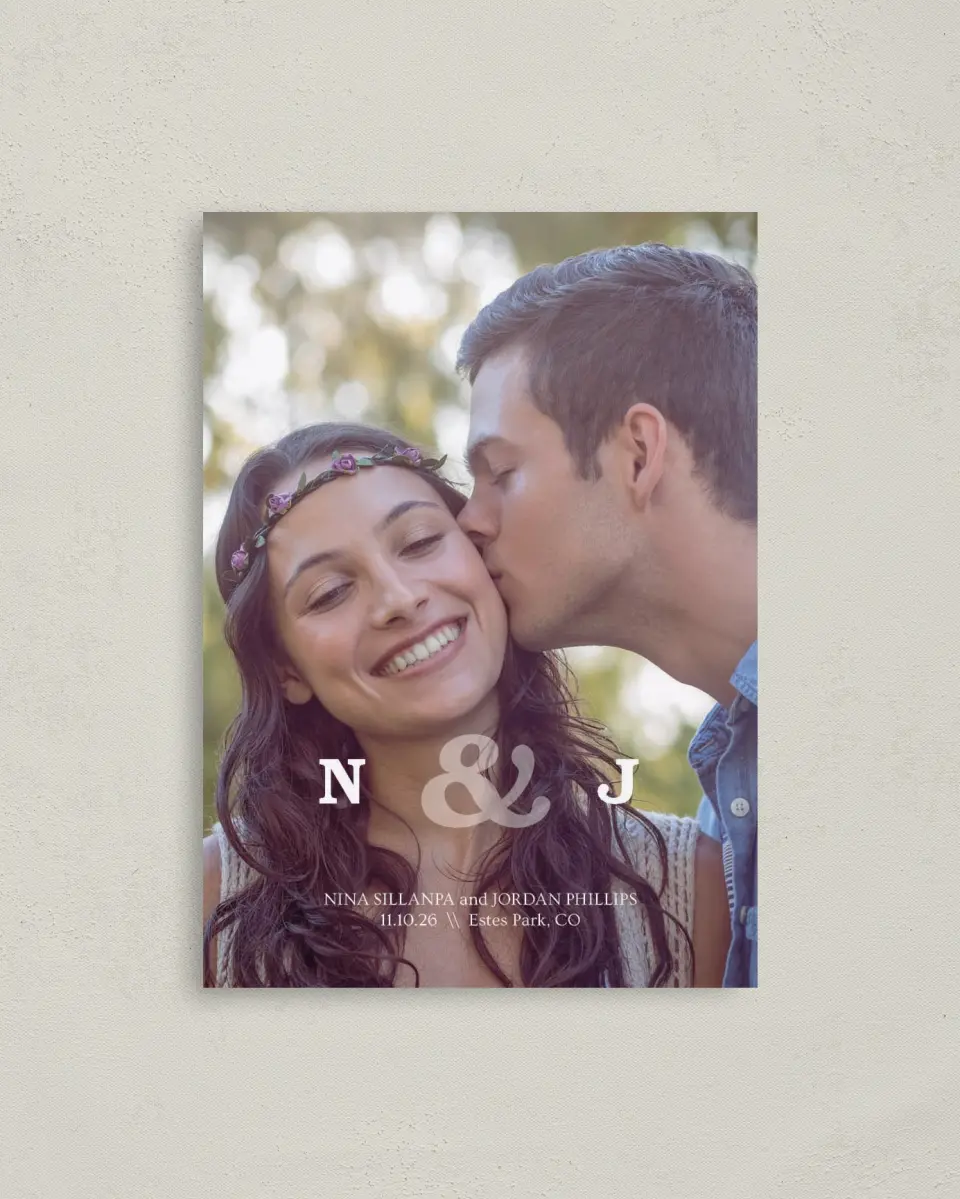 This is a 4" x 5.6" Save the Date Postcard called Us Together printed in full color on Soft Touch Finish paper