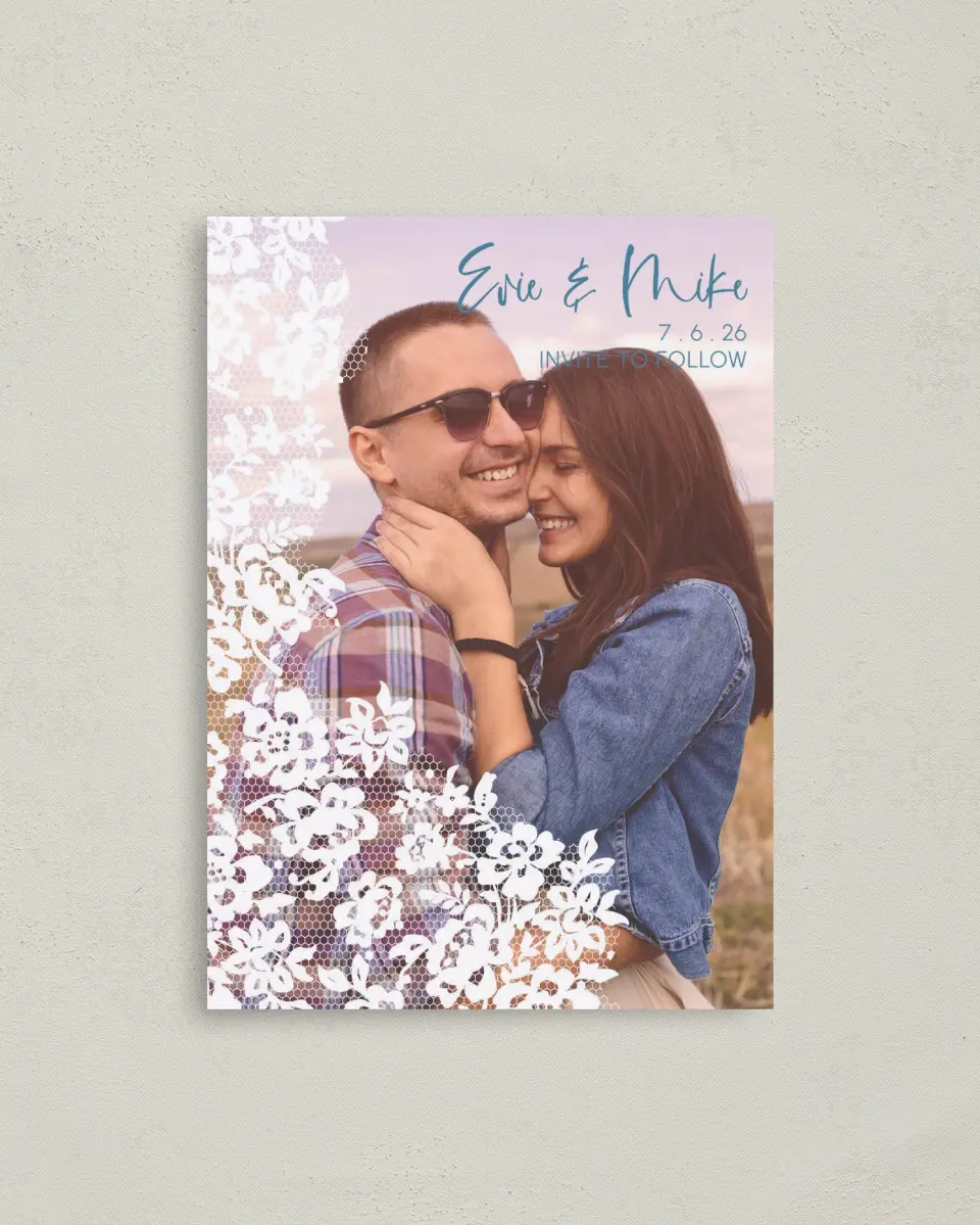 This is a 4" x 5.6" Save the Date Postcard called Modern Lace printed in full color on Soft Touch Finish paper