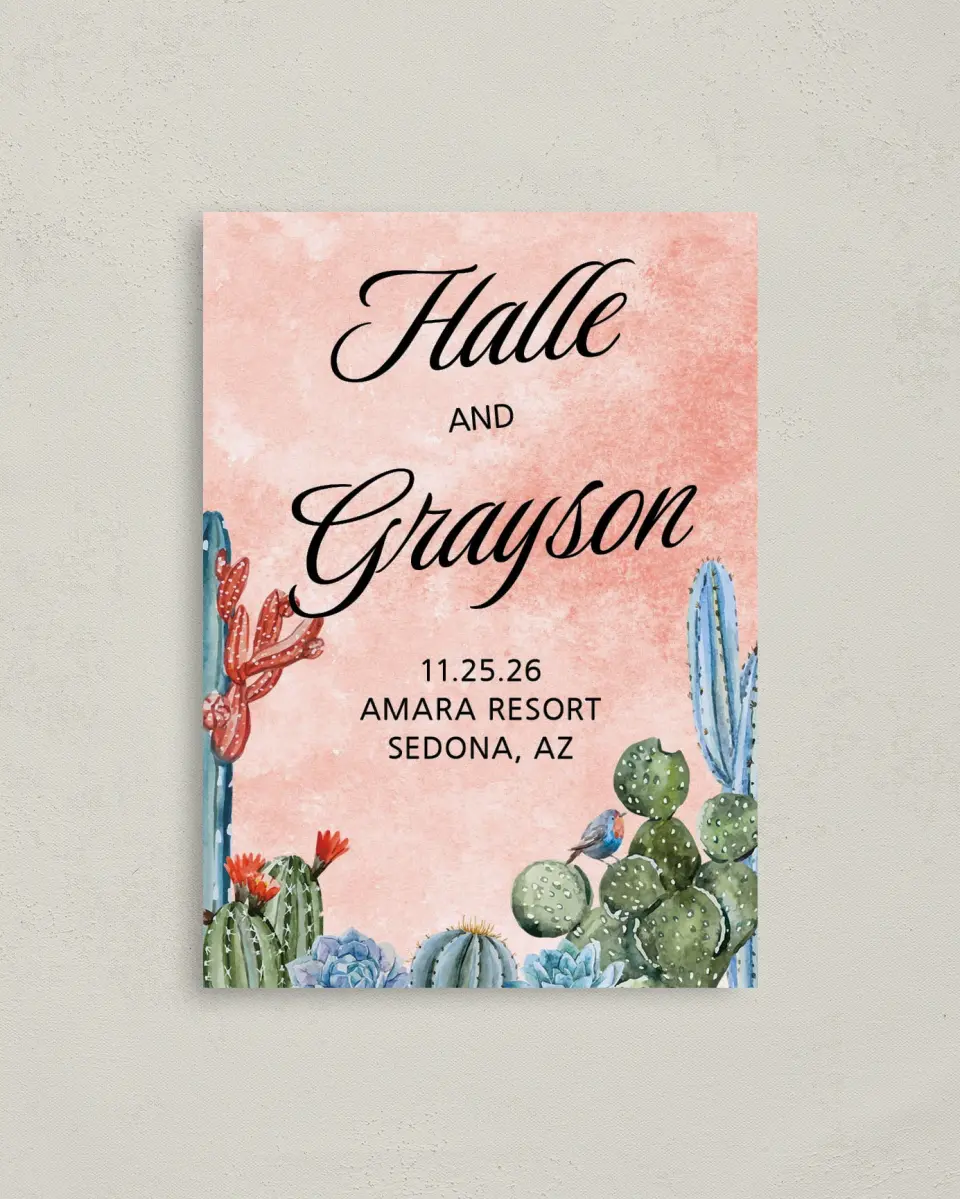 This is a 4" x 5.6" Save the Date Postcard called Painted Cactus printed in full color on Soft Touch Finish paper