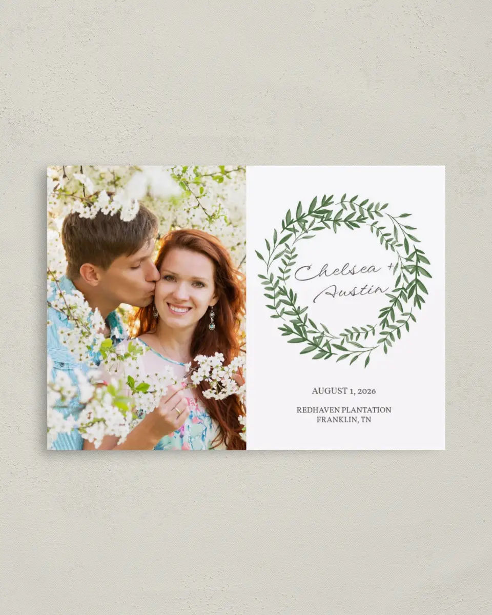 This is a 4" x 5.6" Save the Date Postcard called Watercolor Laurel printed in full color on Soft Touch Finish paper