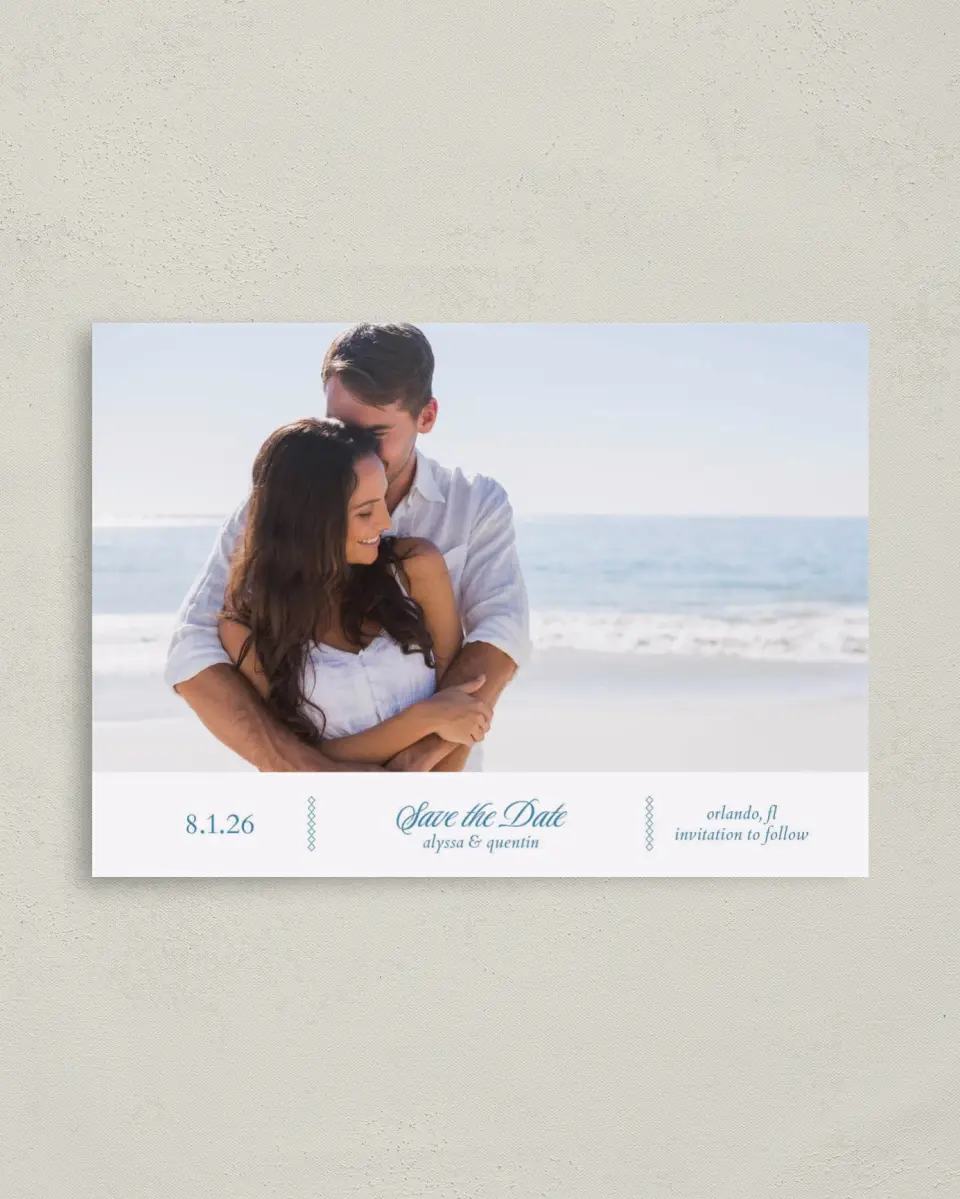 This is a 4" x 5.6" Save the Date Postcard called Opulence printed in full color on Soft Touch Finish paper